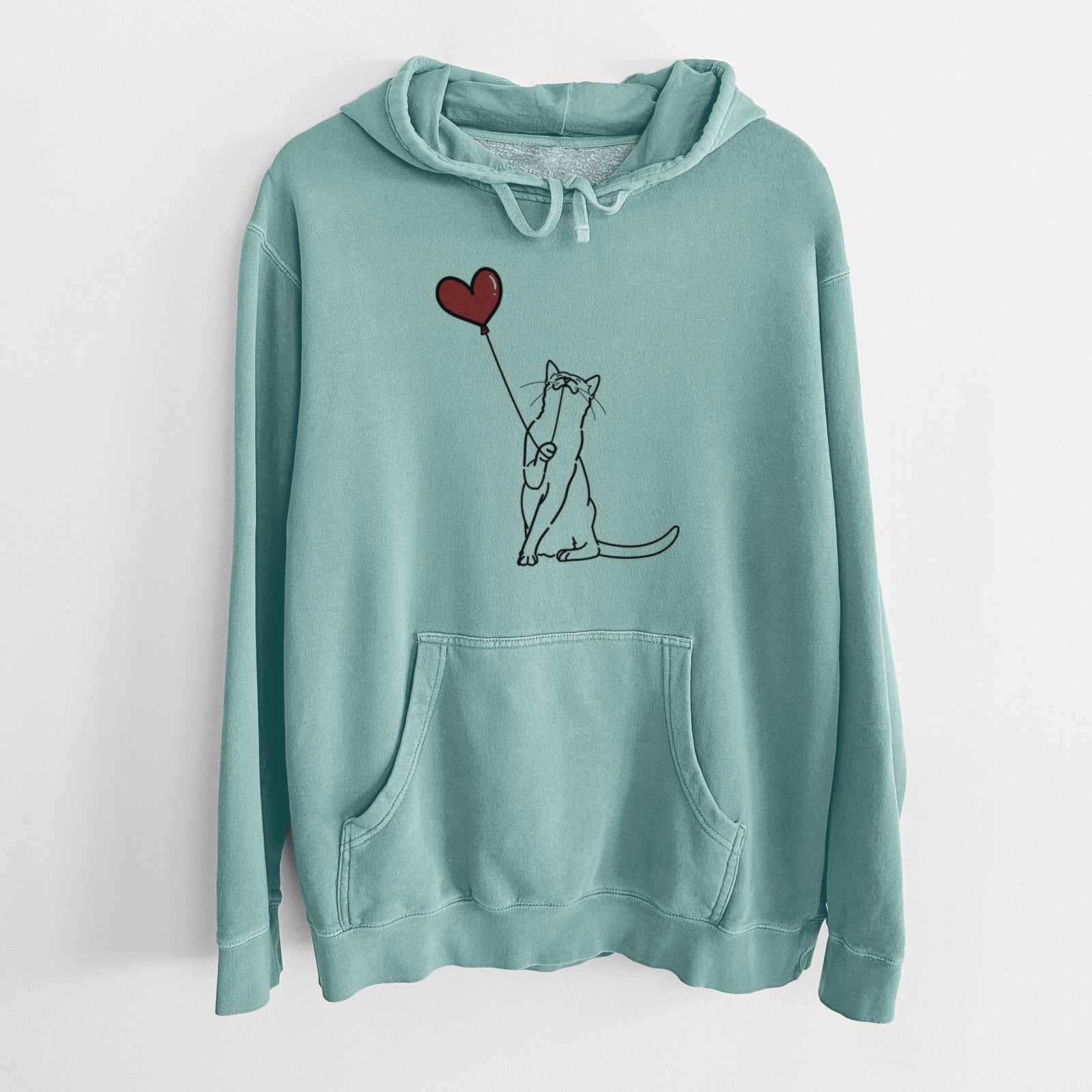 Minimalist line drawing of a Cat Heart String holding a heart balloon on a Mint Unisex pigment dyed hoodie