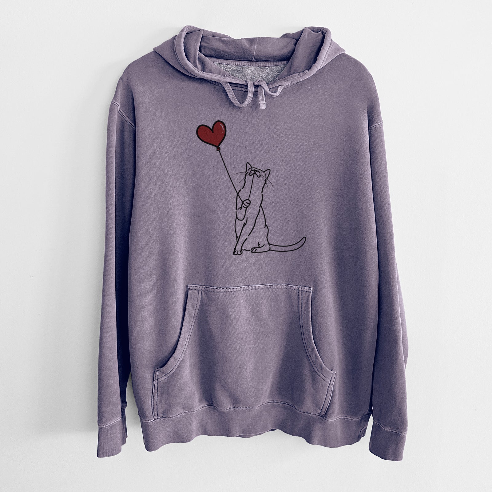 Minimalist line drawing of a Cat Heart String holding a heart balloon on a Plum Unisex pigment dyed hoodie