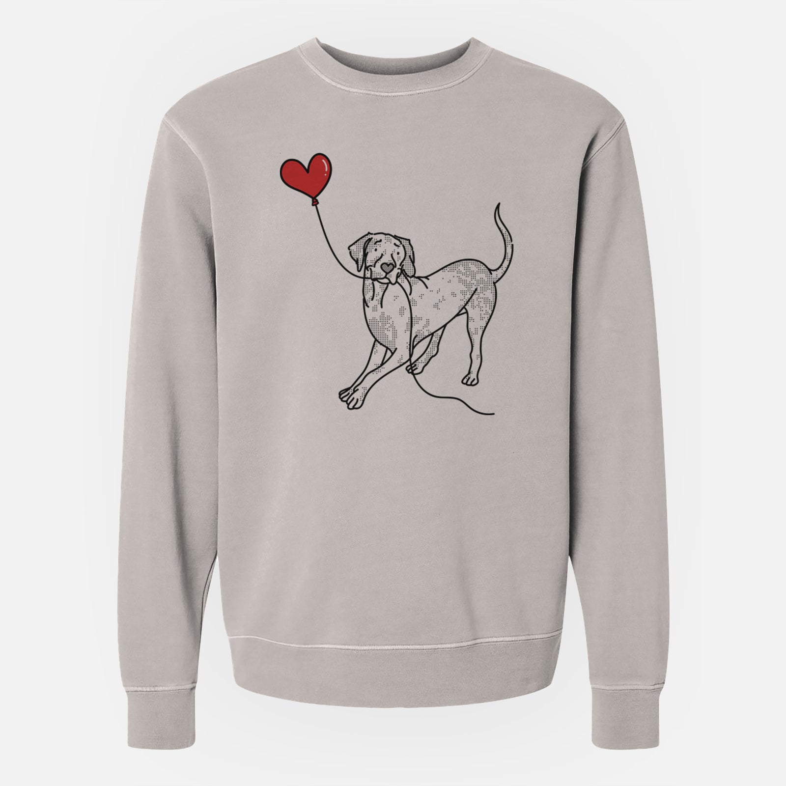 Minimalist line drawing of a Catahoula Heart String holding a heart balloon on a Cement Unisex pigment dyed crew sweatshirt