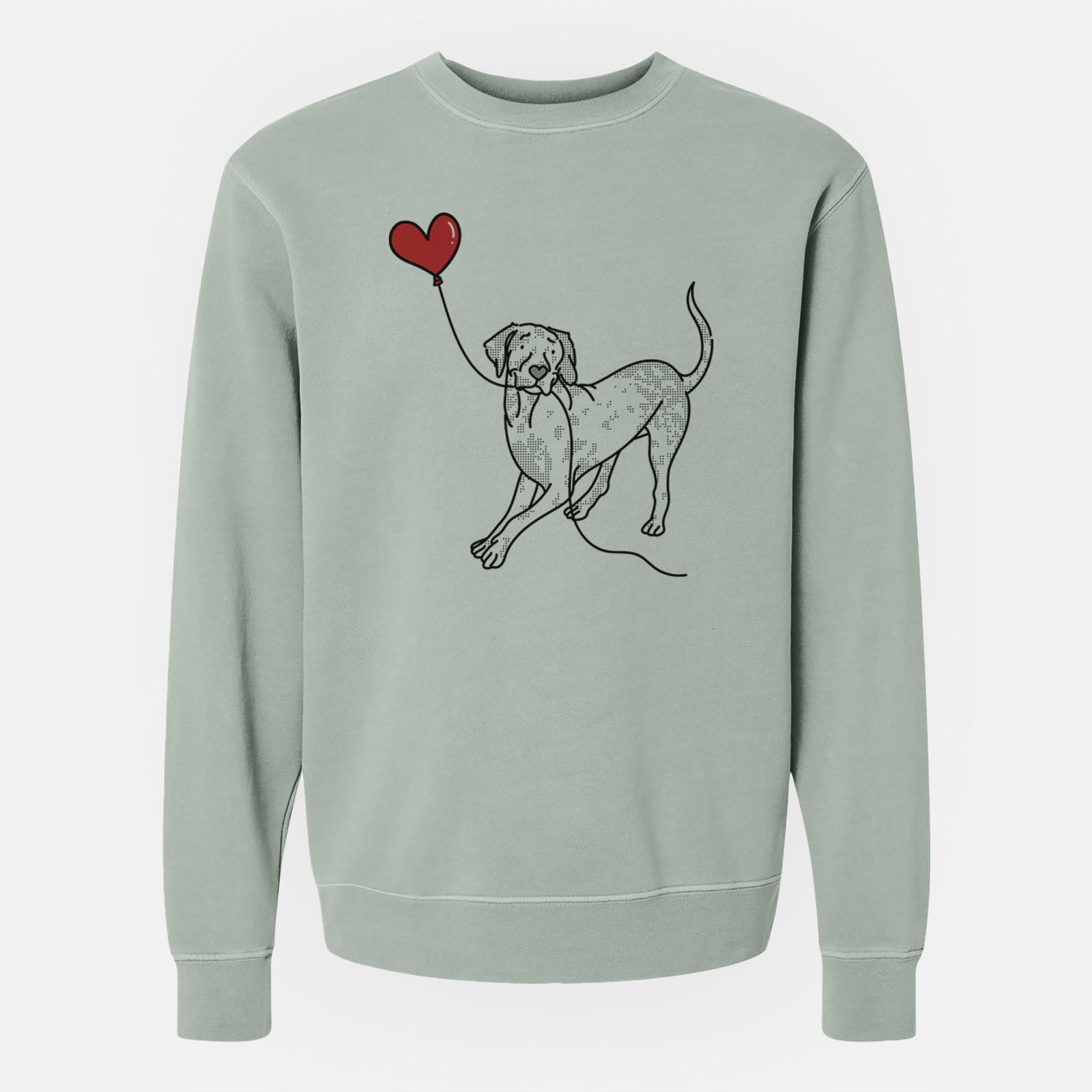 Minimalist line drawing of a Catahoula Heart String holding a heart balloon on a Sage Unisex pigment dyed crew sweatshirt