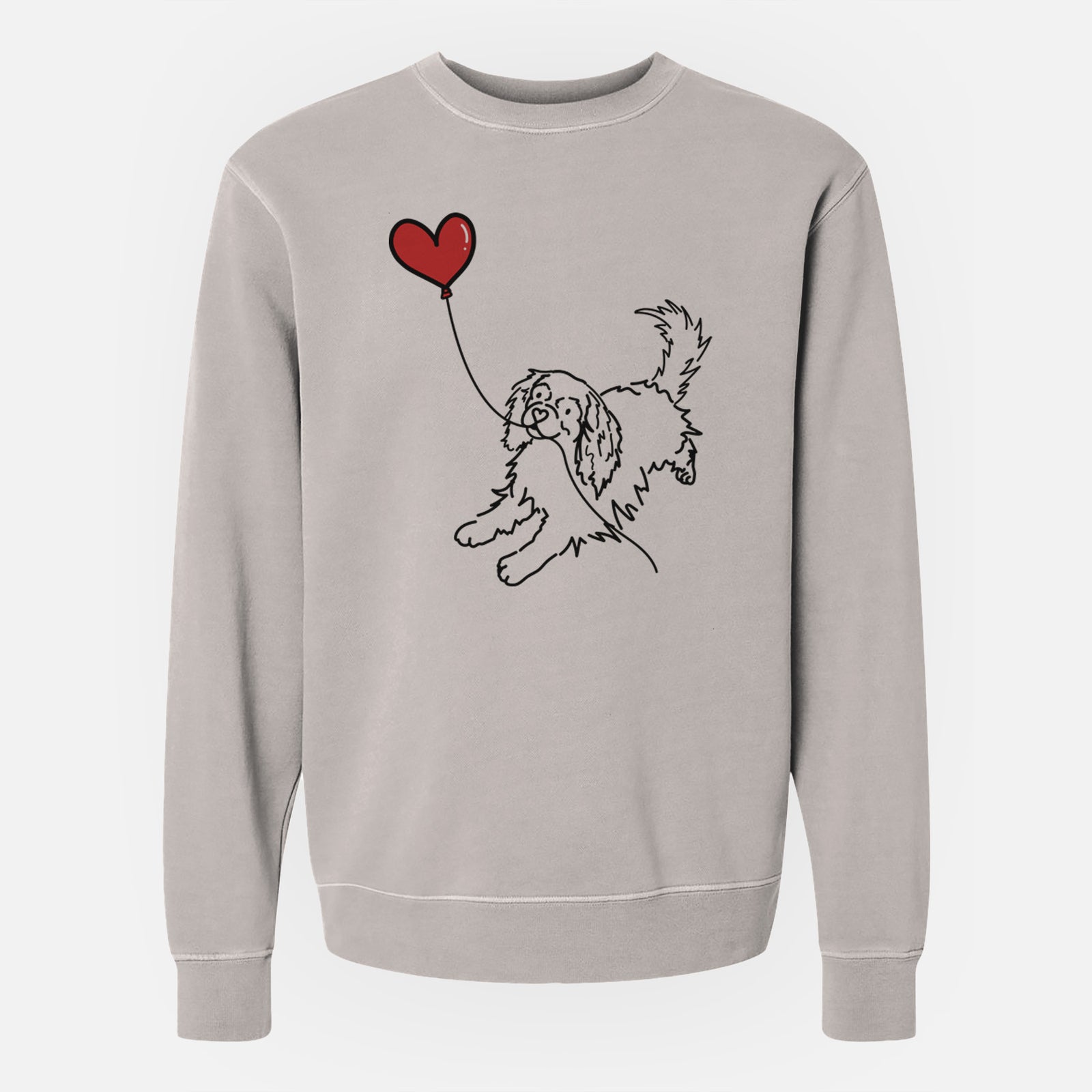 Minimalist line drawing of a Cavalier King Charles Heart String holding a heart balloon on a Cement Unisex pigment dyed crew sweatshirt