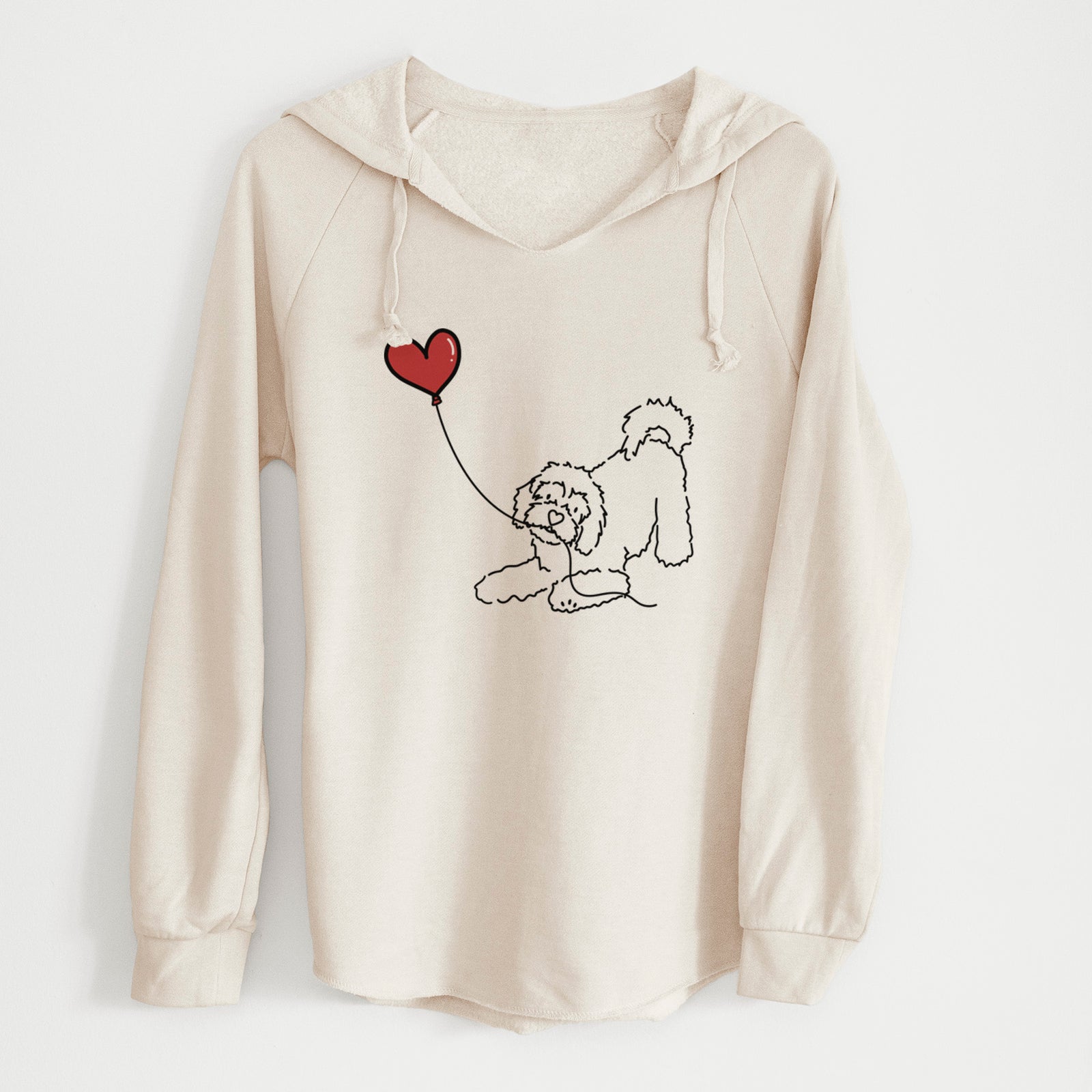 Minimalist line drawing of a Cavachon Heart String holding a heart balloon on a Bone Cali Wave Hooded Sweatshirt
