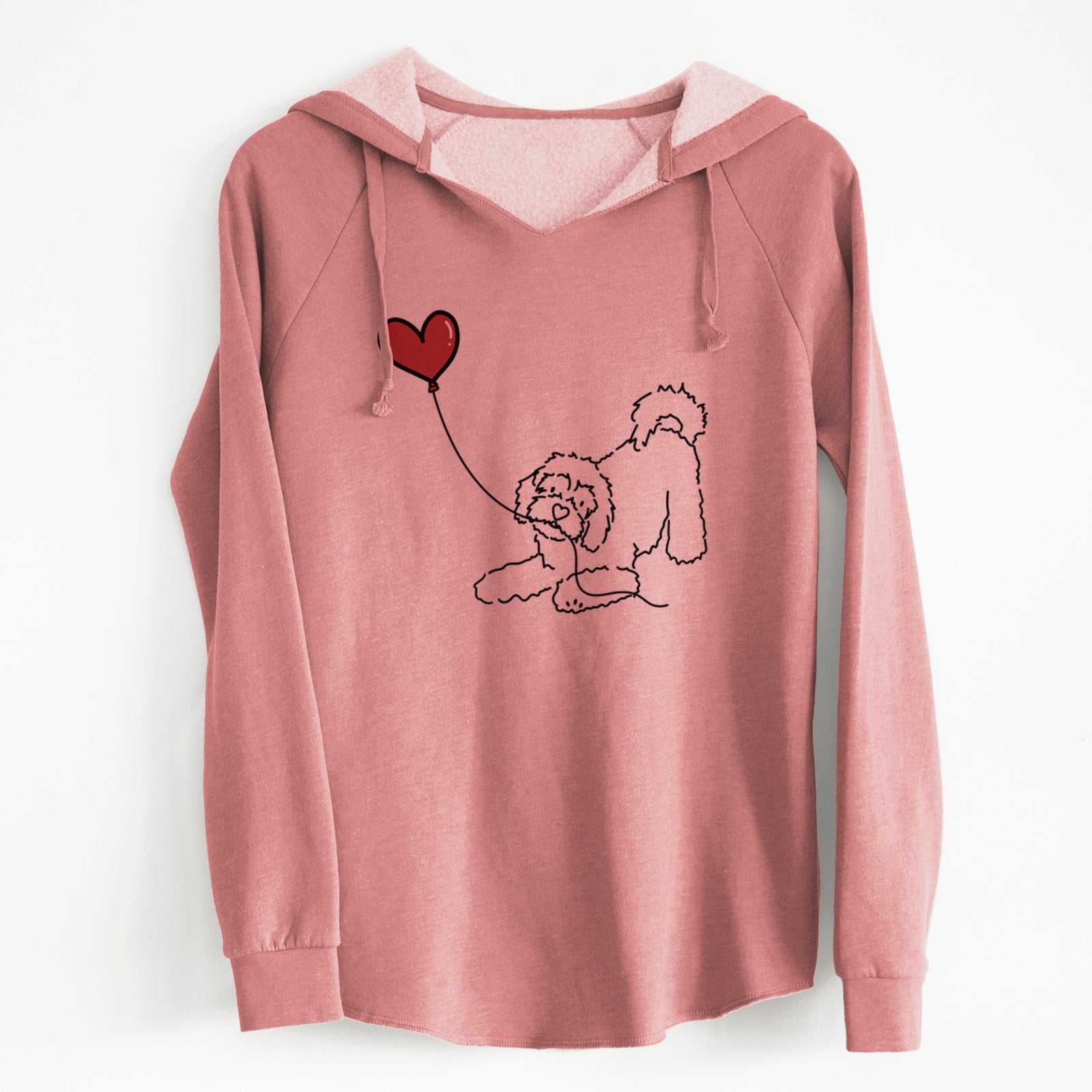 Minimalist line drawing of a Cavachon Heart String holding a heart balloon on a Dusty Rose Cali Wave Hooded Sweatshirt
