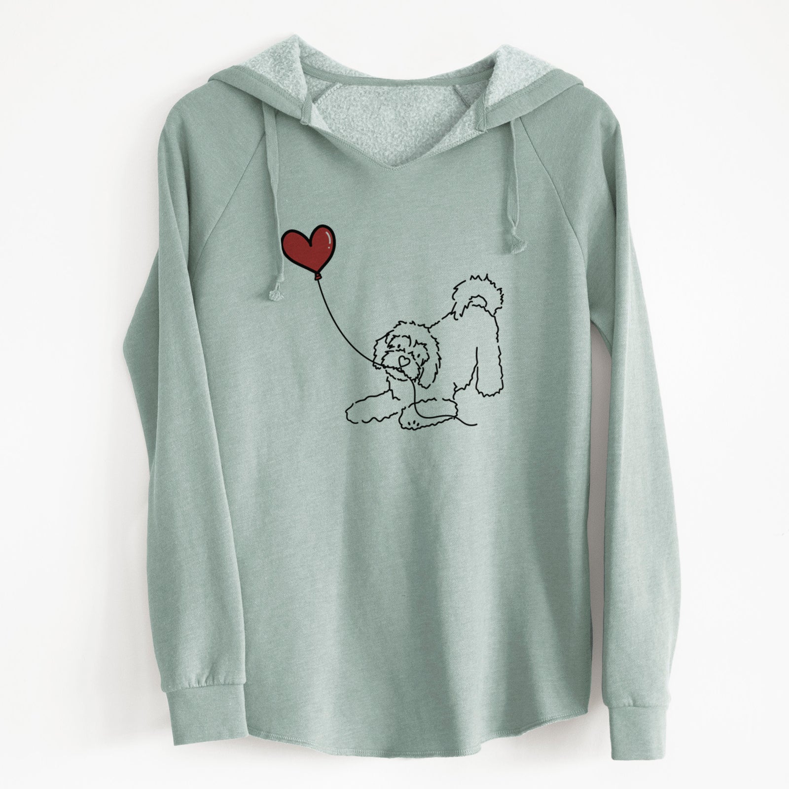 Minimalist line drawing of a Cavachon Heart String holding a heart balloon on a Sage Cali Wave Hooded Sweatshirt