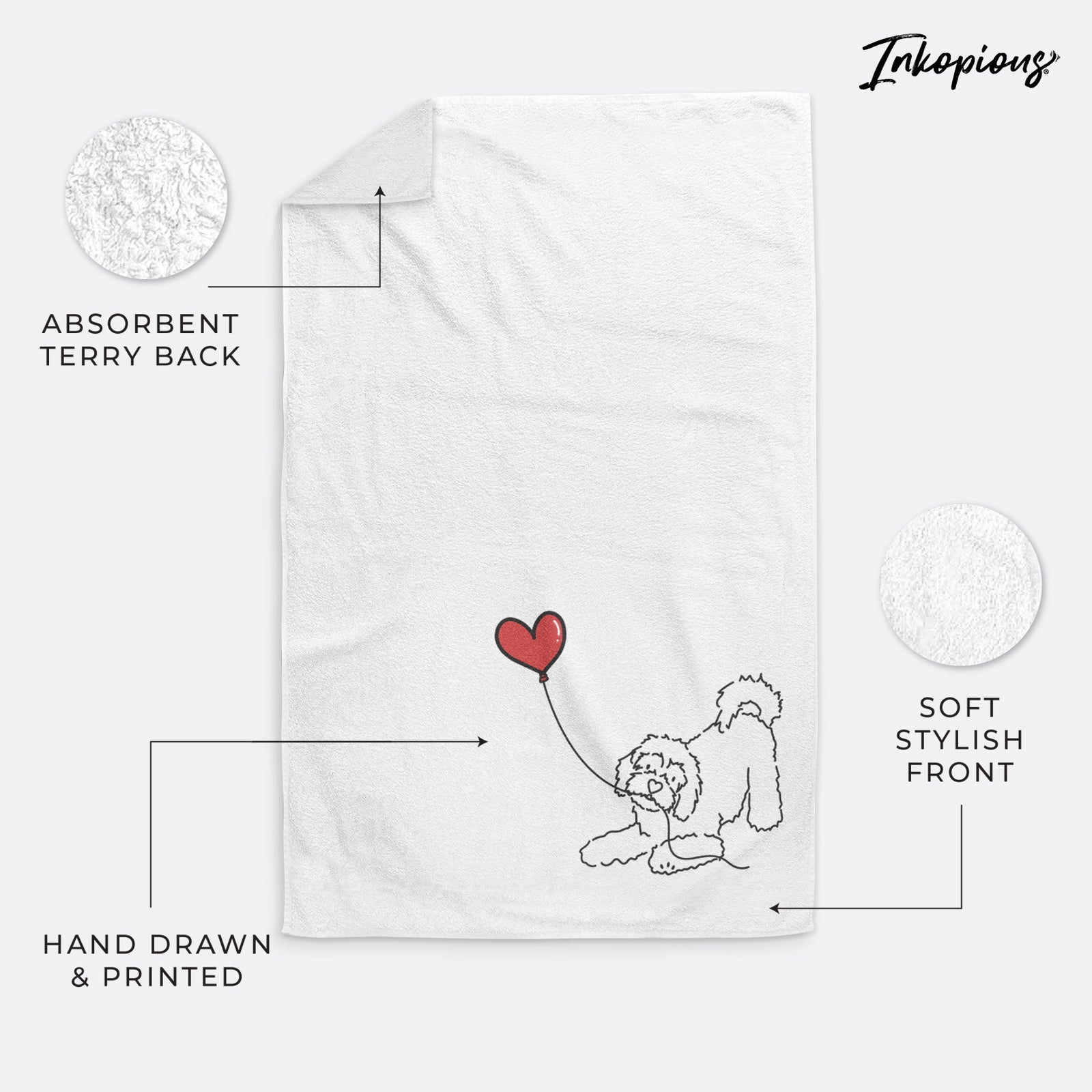 Minimalist line drawing of a Cavachon Heart String holding a heart balloon on a decorative hand towel