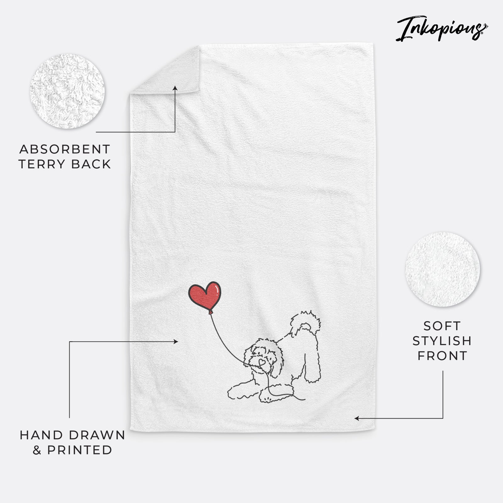 Minimalist line drawing of a Cavachon Heart String holding a heart balloon on a decorative hand towel