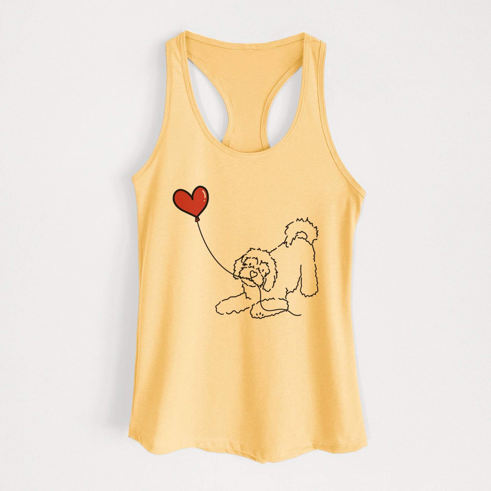 Minimalist line drawing of a Cavachon Heart String holding a heart balloon on a Banana Cream Women's racerback tanktop