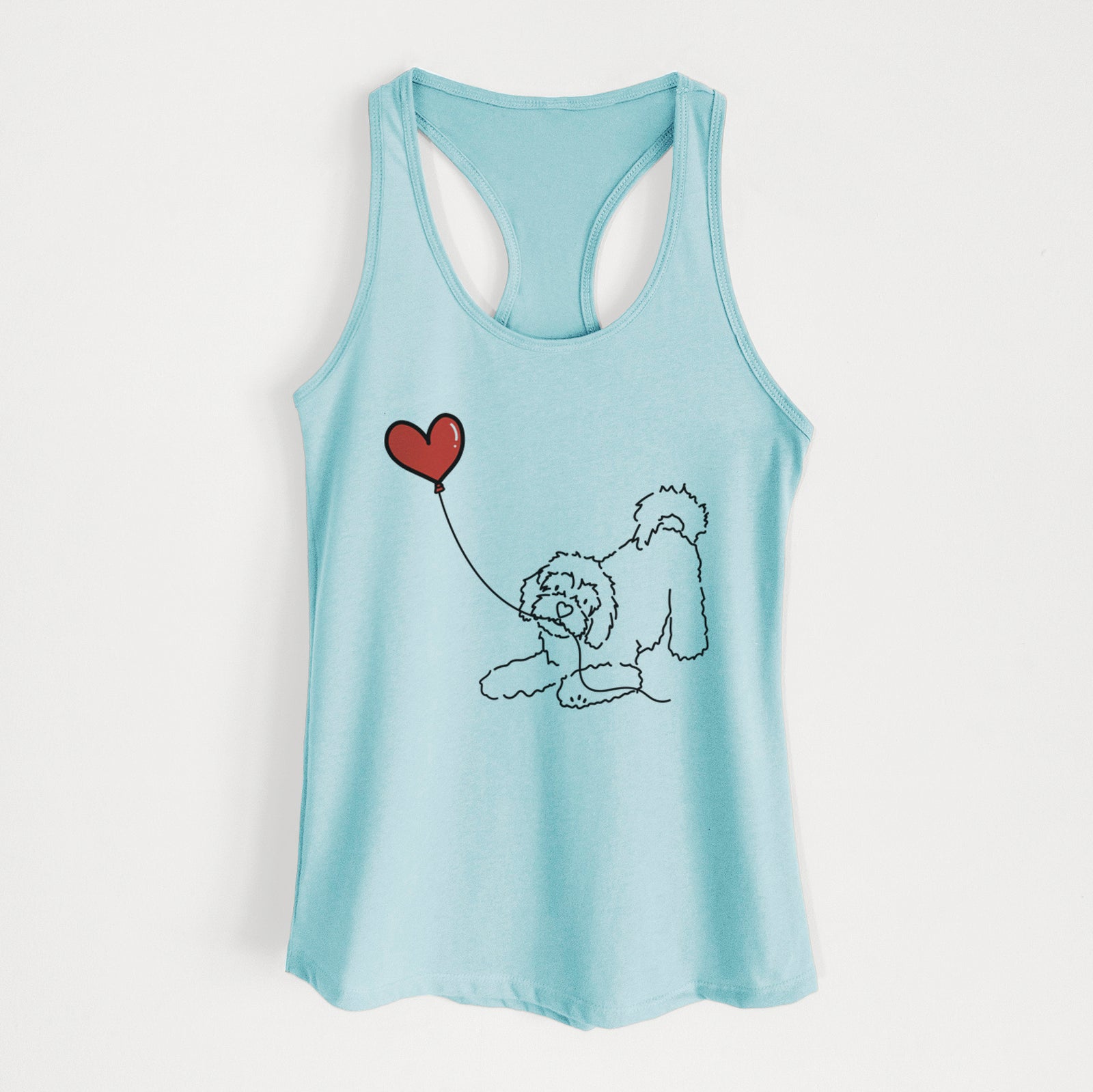 Minimalist line drawing of a Cavachon Heart String holding a heart balloon on a Cancun Blue Women's racerback tanktop