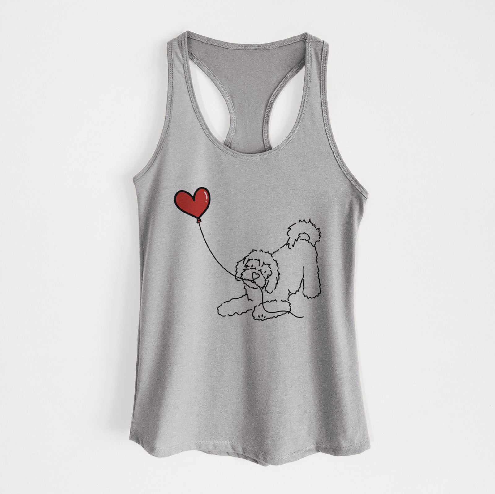 Minimalist line drawing of a Cavachon Heart String holding a heart balloon on a Heather Grey Women's racerback tanktop
