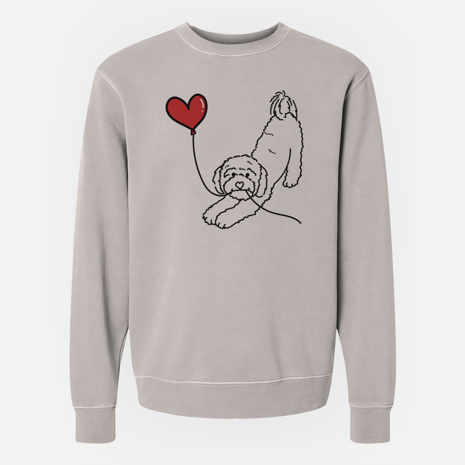 Minimalist line drawing of a Cavapoo Heart String holding a heart balloon on a Cement Unisex pigment dyed crew sweatshirt