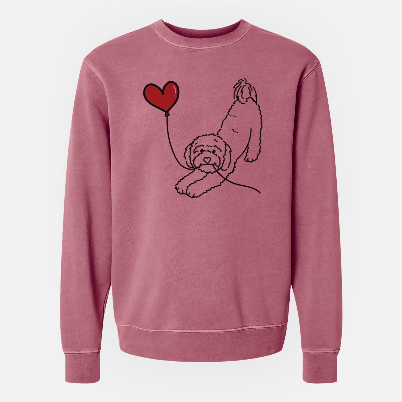 Minimalist line drawing of a Cavapoo Heart String holding a heart balloon on a Maroon Unisex pigment dyed crew sweatshirt