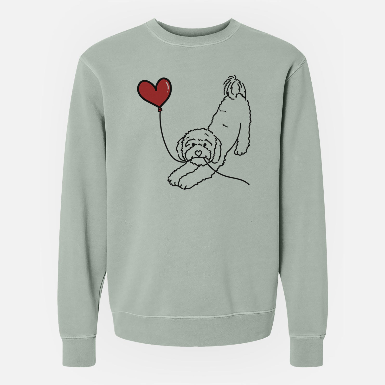 Minimalist line drawing of a Cavapoo Heart String holding a heart balloon on a Sage Unisex pigment dyed crew sweatshirt