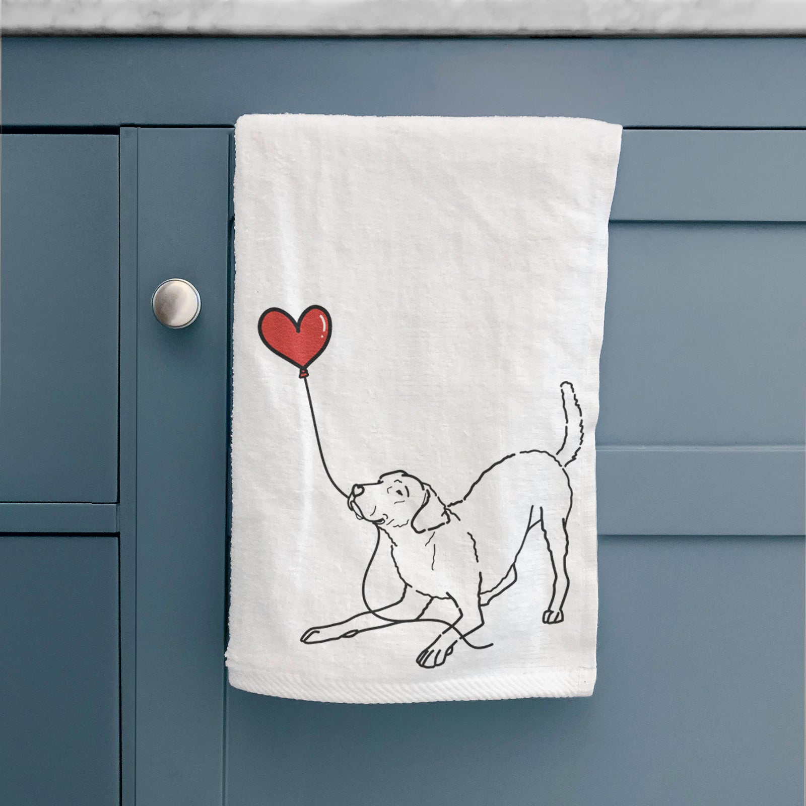 Minimalist line drawing of a Chesapeake Bay Retriever Heart String holding a heart balloon on a decorative hand towel