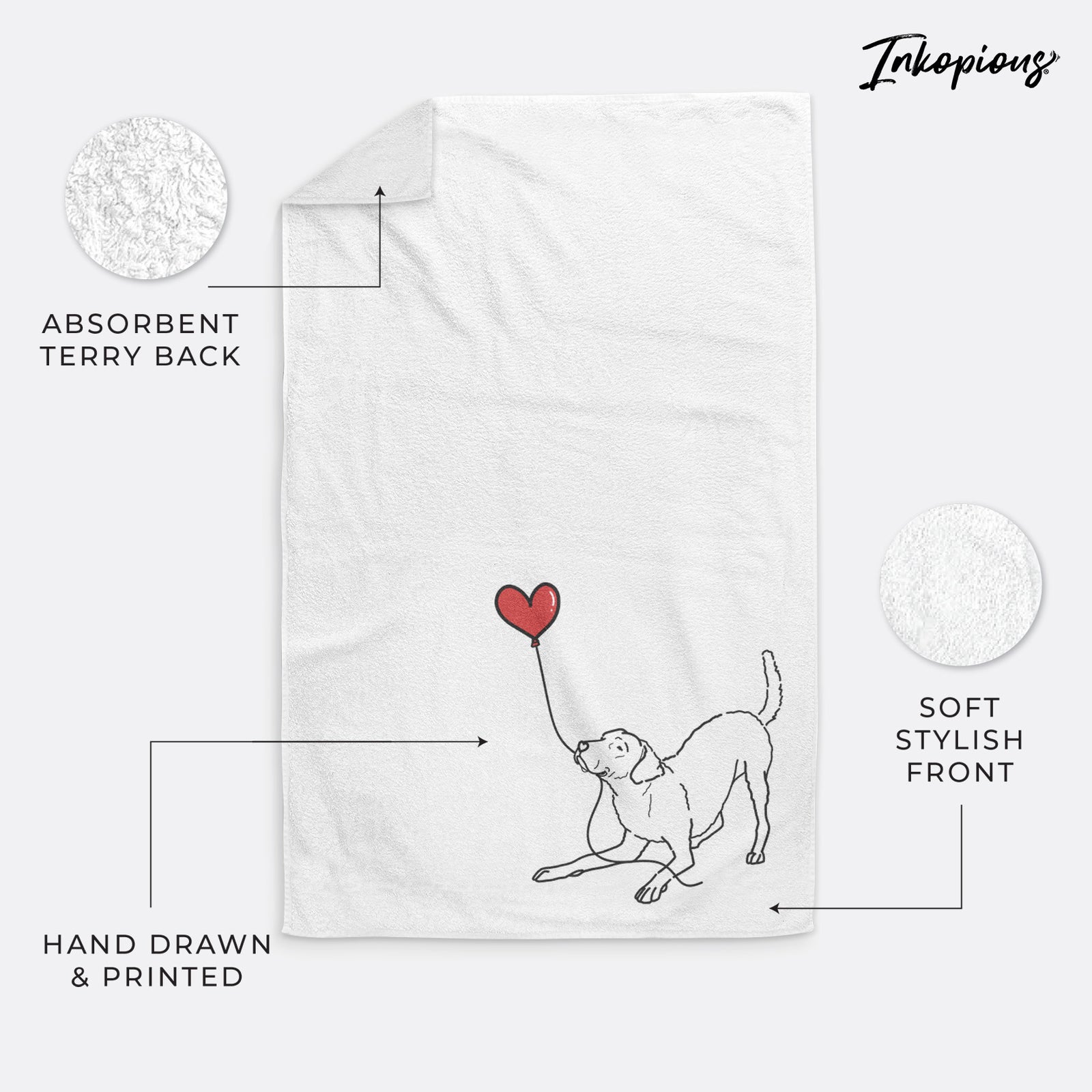 Minimalist line drawing of a Chesapeake Bay Retriever Heart String holding a heart balloon on a decorative hand towel