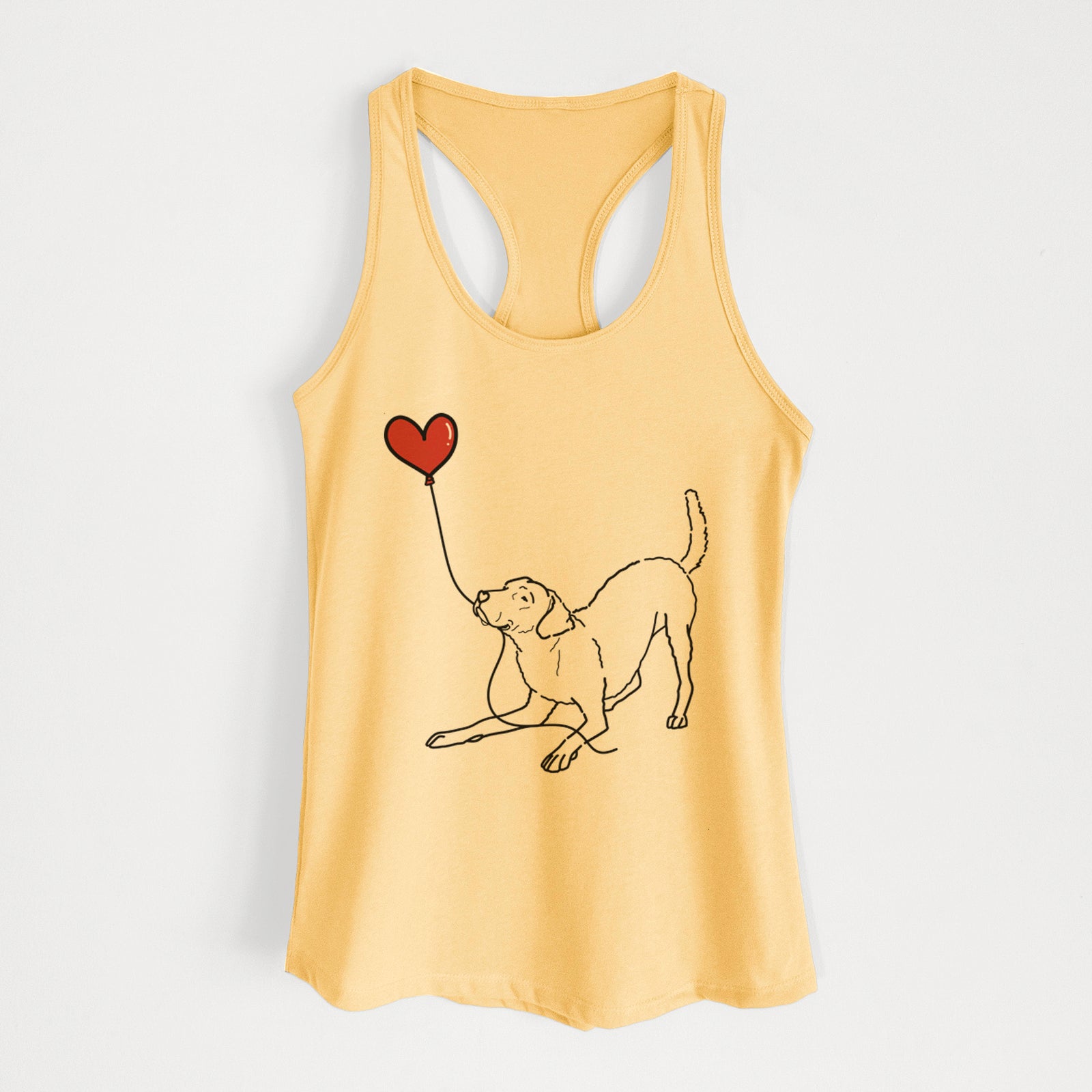 Minimalist line drawing of a Chesapeake Bay Retriever Heart String holding a heart balloon on a Banana Cream Women's racerback tanktop