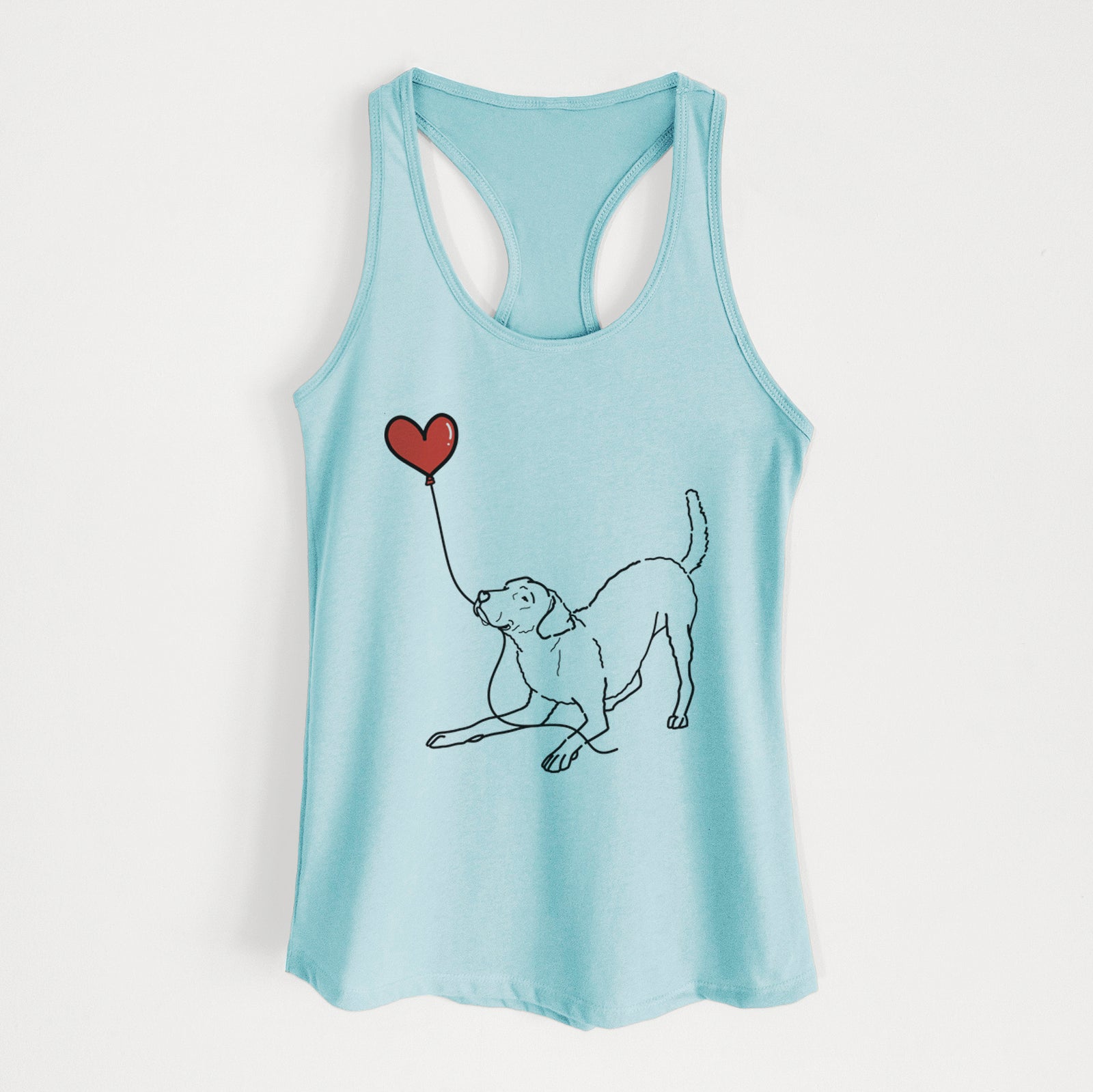 Minimalist line drawing of a Chesapeake Bay Retriever Heart String holding a heart balloon on a Cancun Blue Women's racerback tanktop