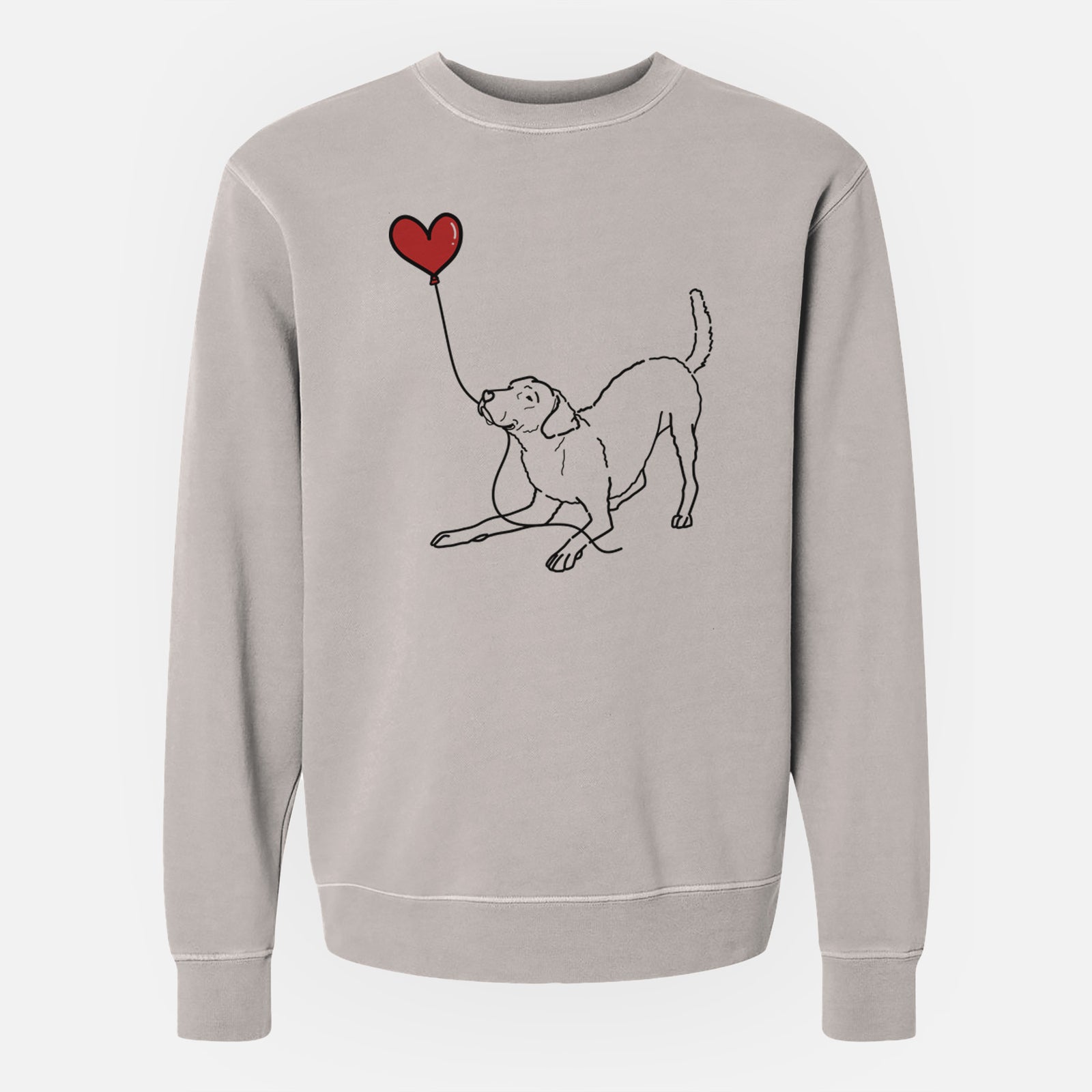 Minimalist line drawing of a Chesapeake Bay Retriever Heart String holding a heart balloon on a Cement Unisex pigment dyed crew sweatshirt