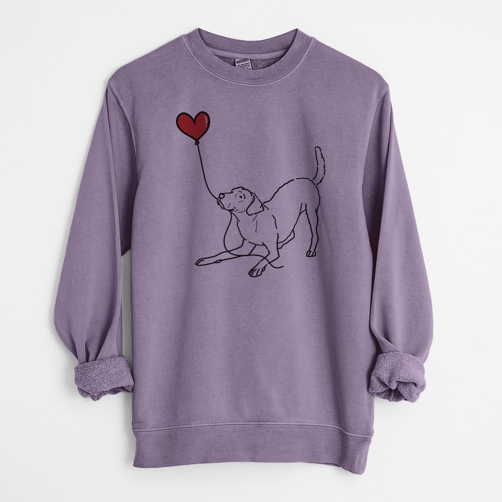 Minimalist line drawing of a Chesapeake Bay Retriever Heart String holding a heart balloon on a Plum Unisex pigment dyed crew sweatshirt