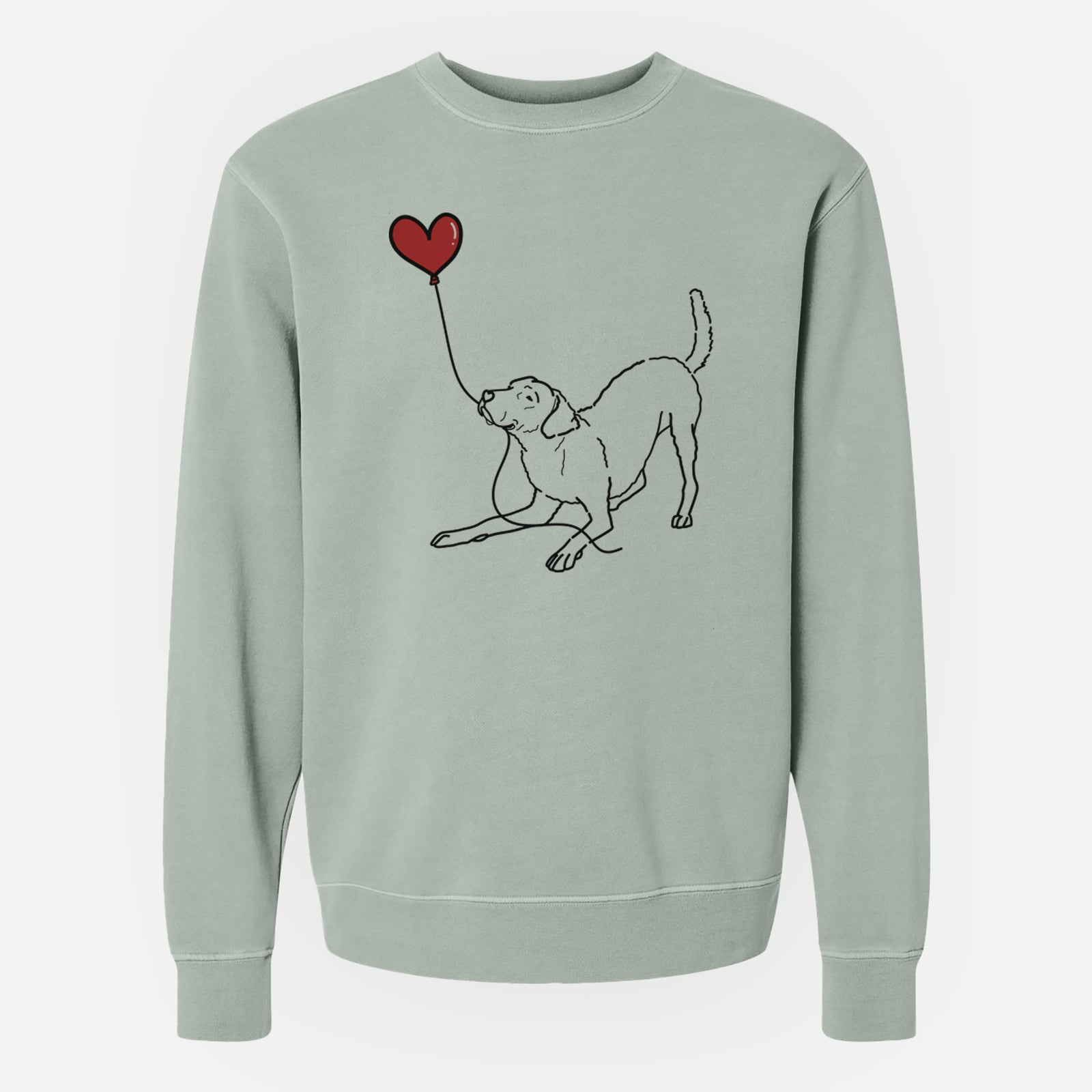 Minimalist line drawing of a Chesapeake Bay Retriever Heart String holding a heart balloon on a Sage Unisex pigment dyed crew sweatshirt