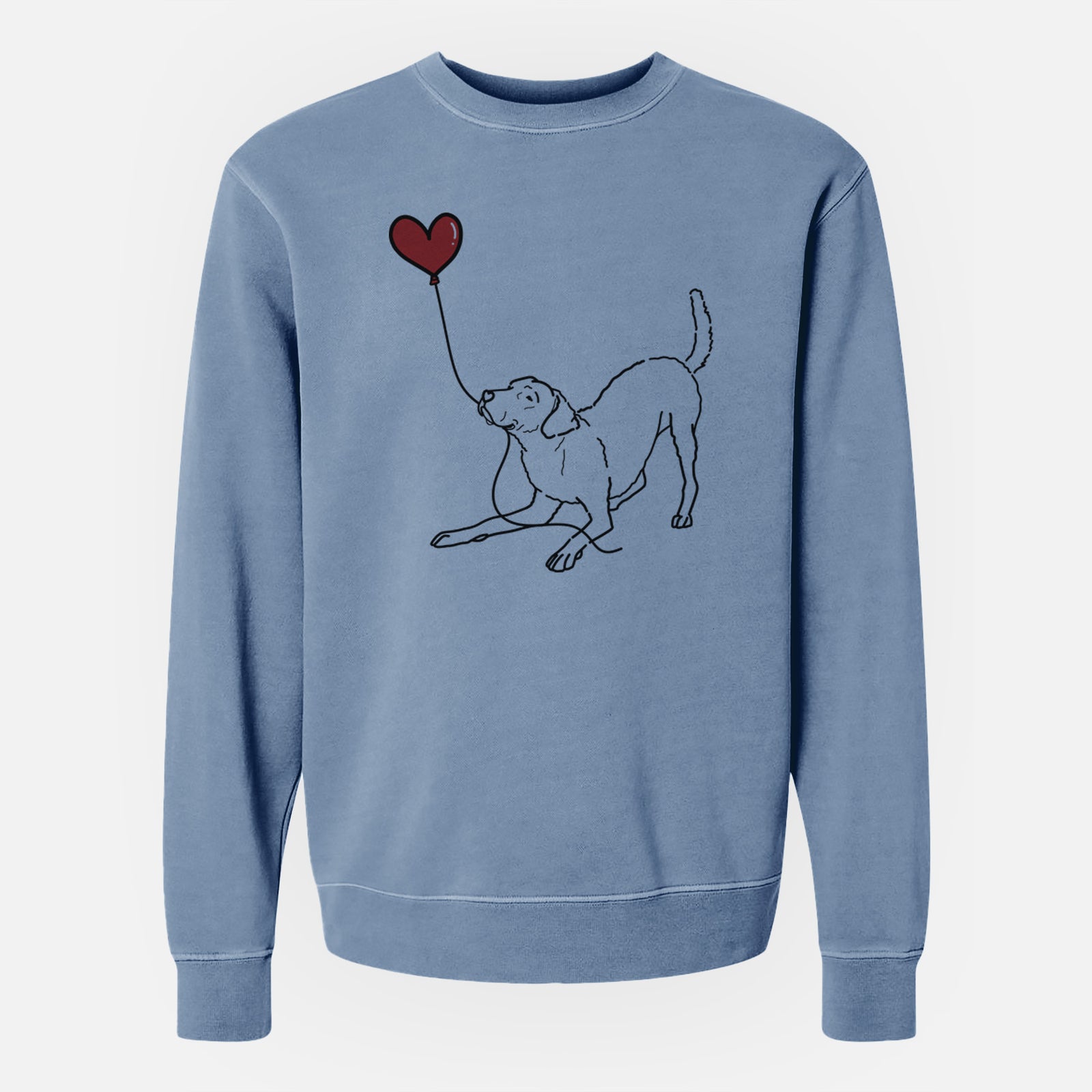 Minimalist line drawing of a Chesapeake Bay Retriever Heart String holding a heart balloon on a Slate Blue Unisex pigment dyed crew sweatshirt