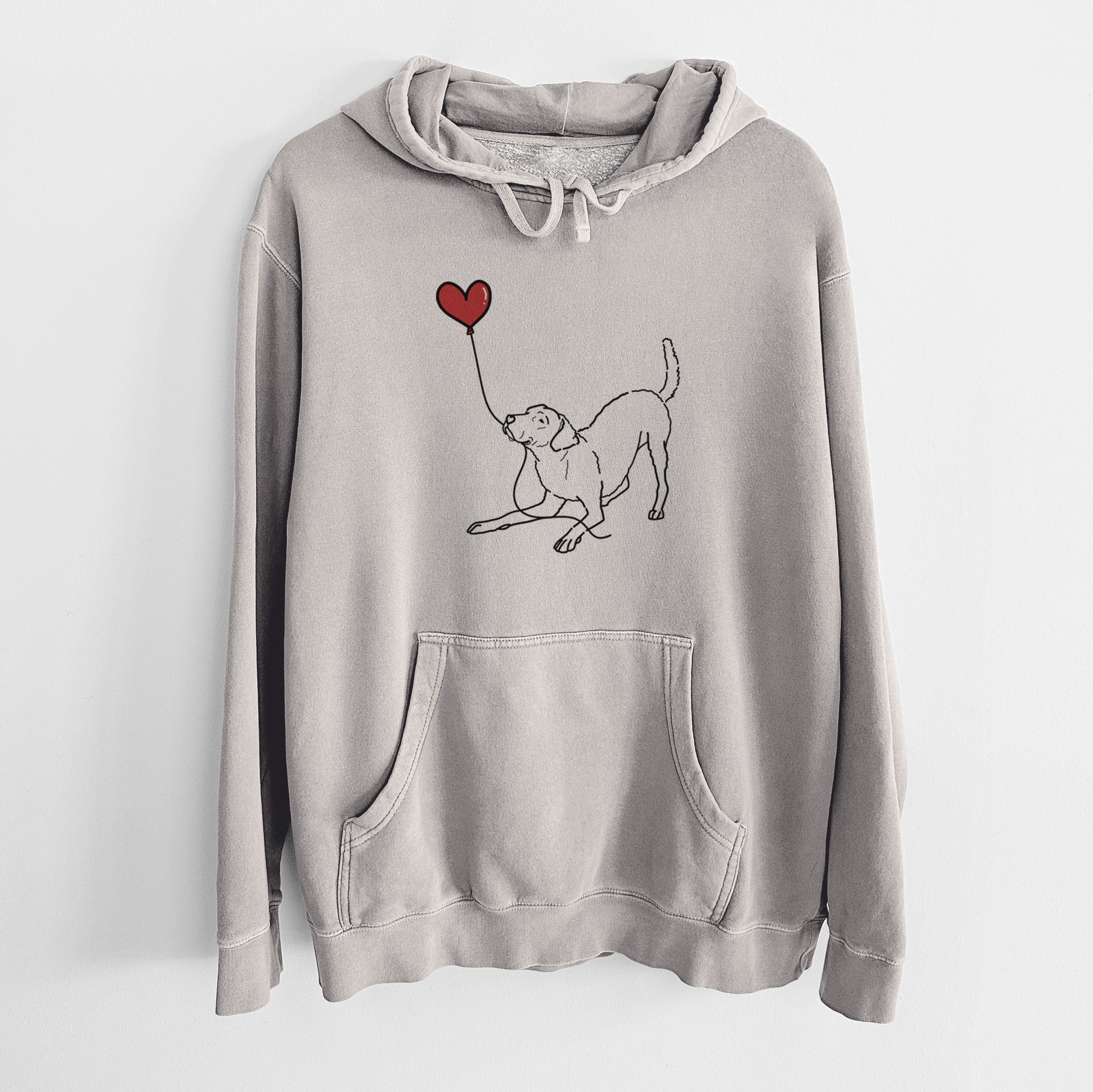 Minimalist line drawing of a Chesapeake Bay Retriever Heart String holding a heart balloon on a Cement Unisex pigment dyed hoodie