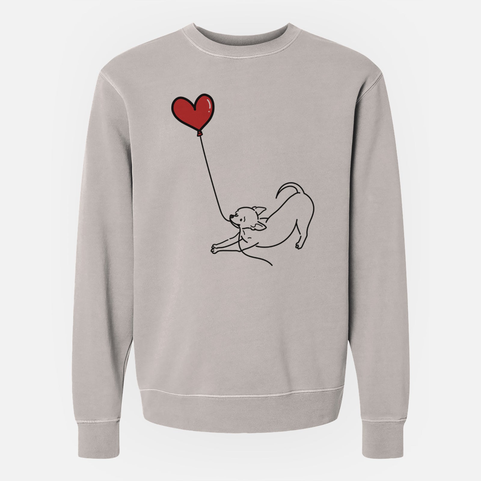 Minimalist line drawing of a Chihuahua Heart String holding a heart balloon on a Cement Unisex pigment dyed crew sweatshirt