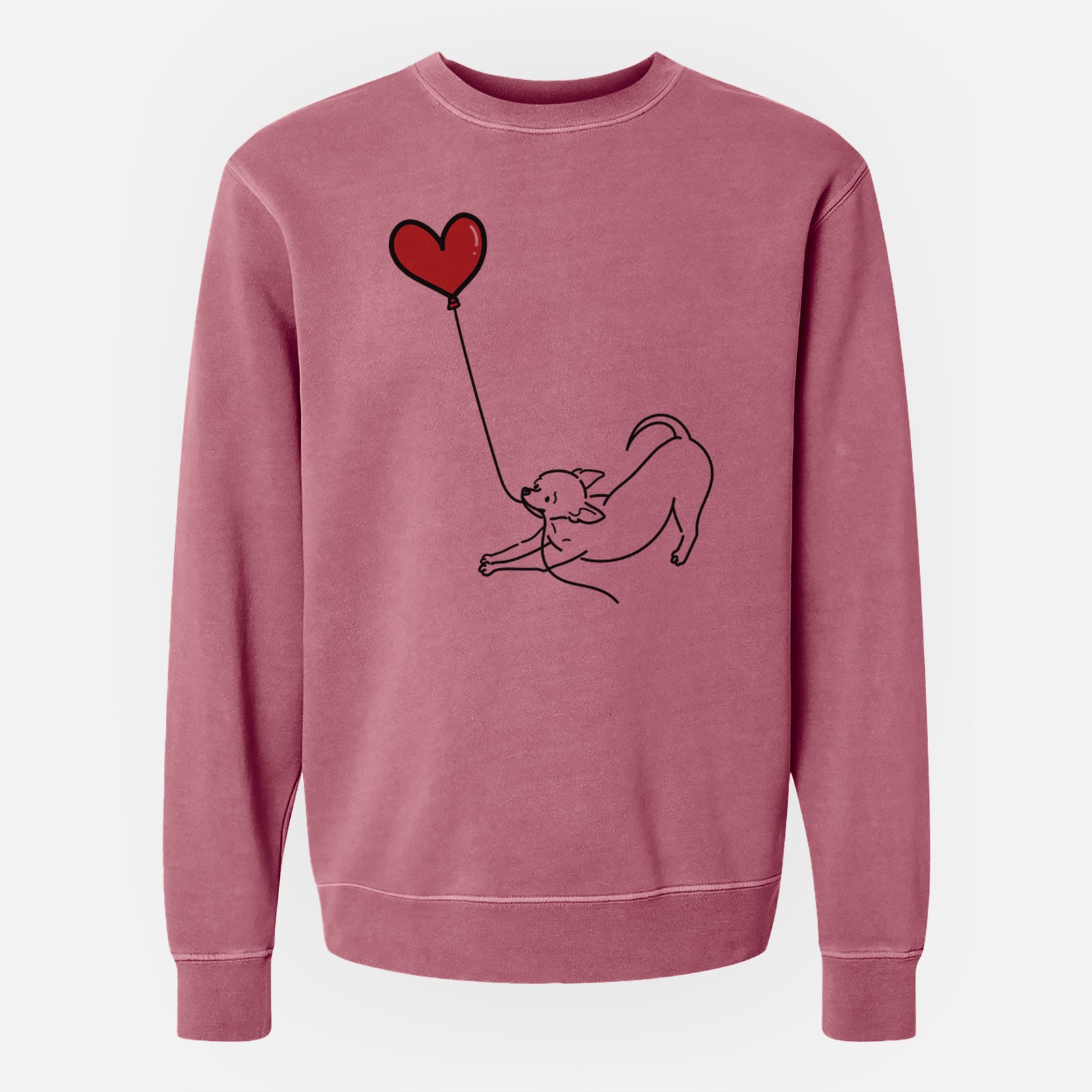 Minimalist line drawing of a Chihuahua Heart String holding a heart balloon on a Maroon Unisex pigment dyed crew sweatshirt