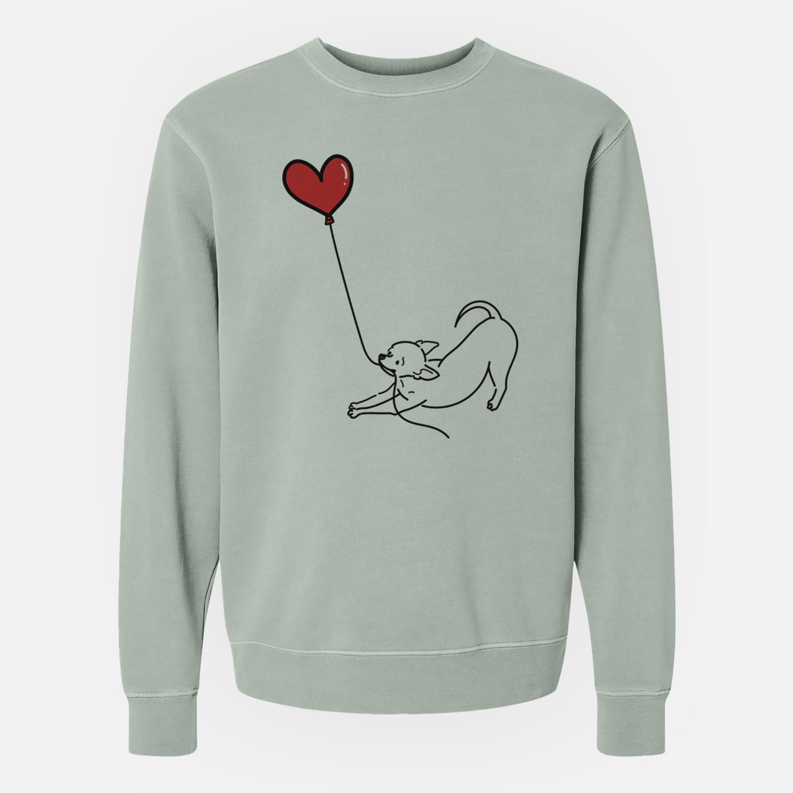 Minimalist line drawing of a Chihuahua Heart String holding a heart balloon on a Sage Unisex pigment dyed crew sweatshirt