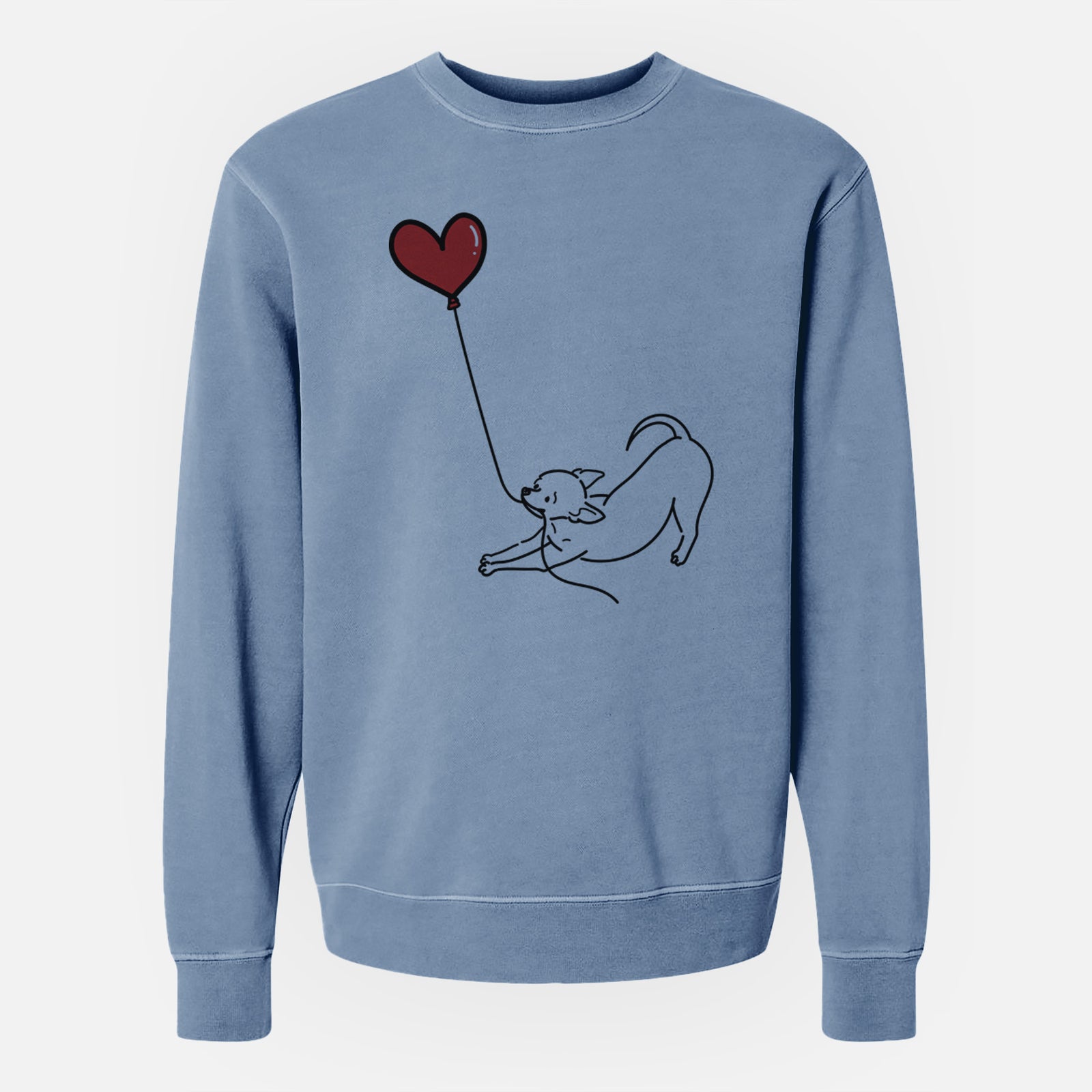 Minimalist line drawing of a Chihuahua Heart String holding a heart balloon on a Slate Blue Unisex pigment dyed crew sweatshirt