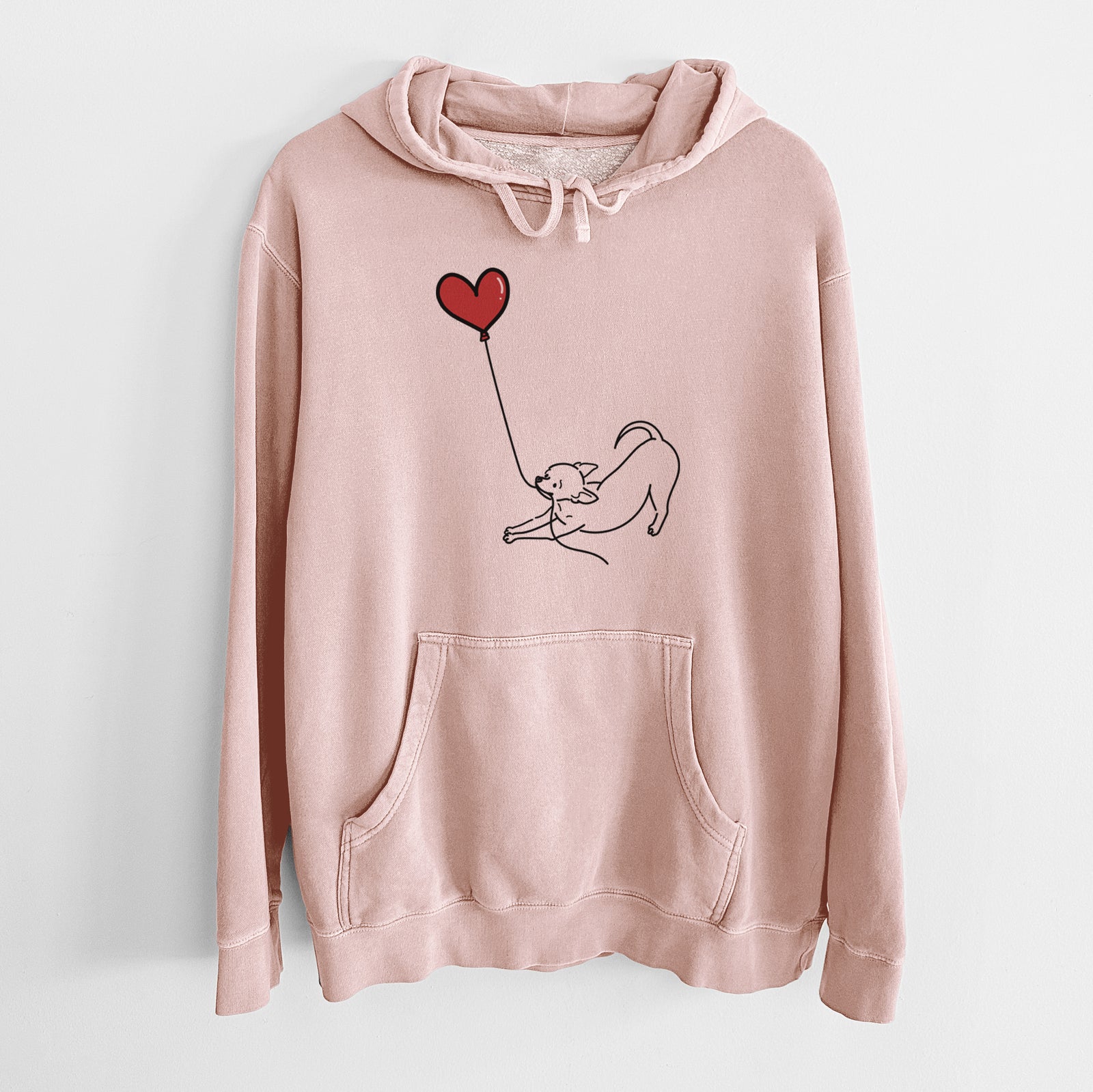 Minimalist line drawing of a Chihuahua Heart String holding a heart balloon on a Dusty Pink Unisex pigment dyed hoodie