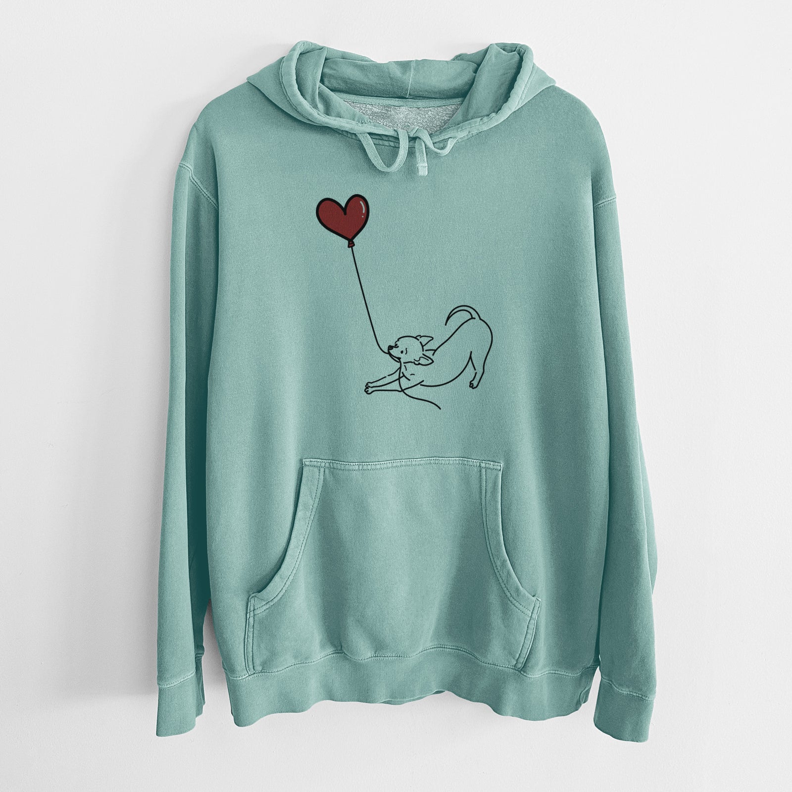 Minimalist line drawing of a Chihuahua Heart String holding a heart balloon on a Mint Unisex pigment dyed hoodie
