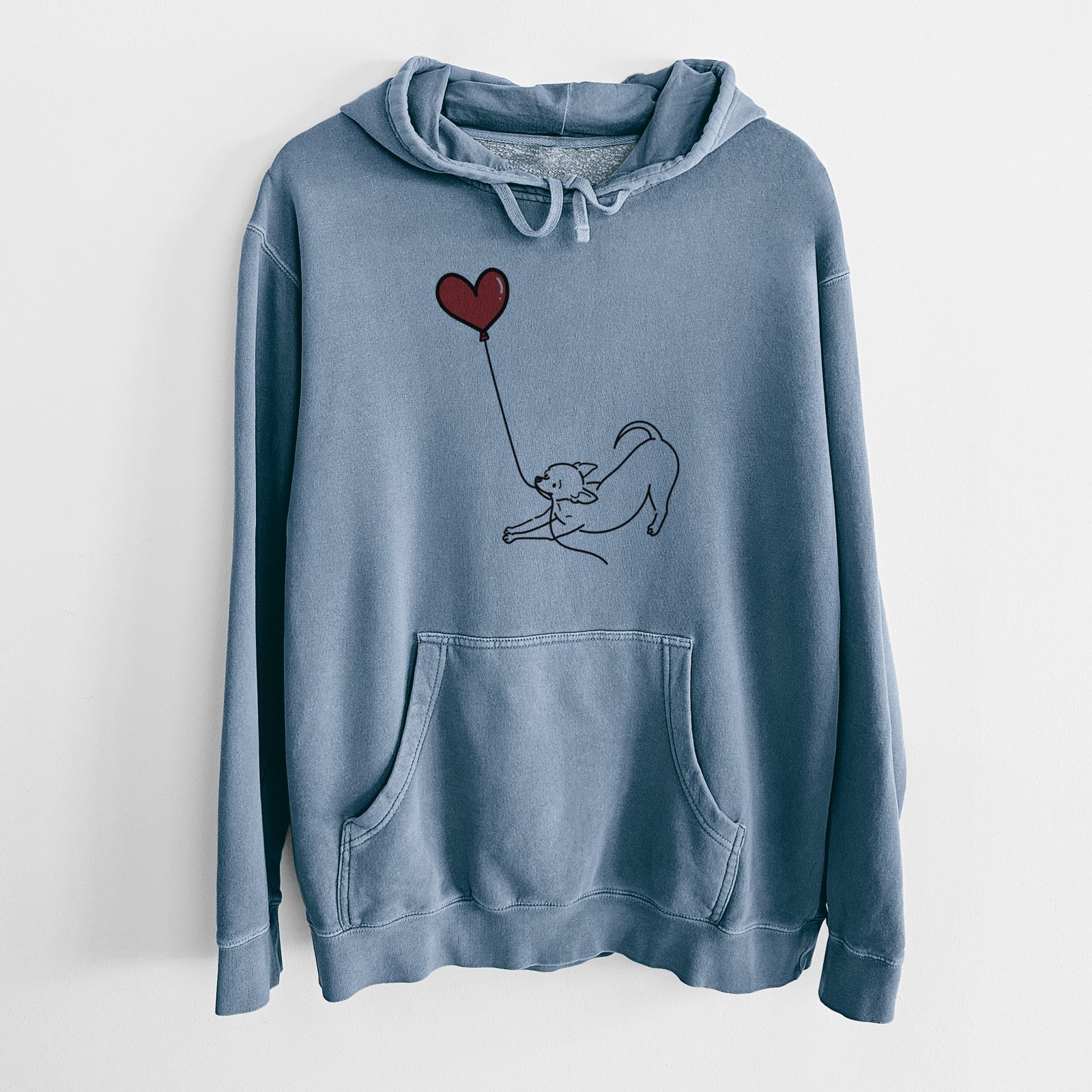 Minimalist line drawing of a Chihuahua Heart String holding a heart balloon on a Slate Blue Unisex pigment dyed hoodie