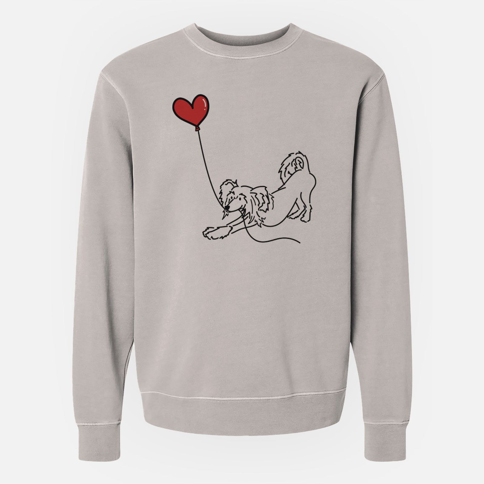 Minimalist line drawing of a Chinese Crested Heart String holding a heart balloon on a Cement Unisex pigment dyed crew sweatshirt