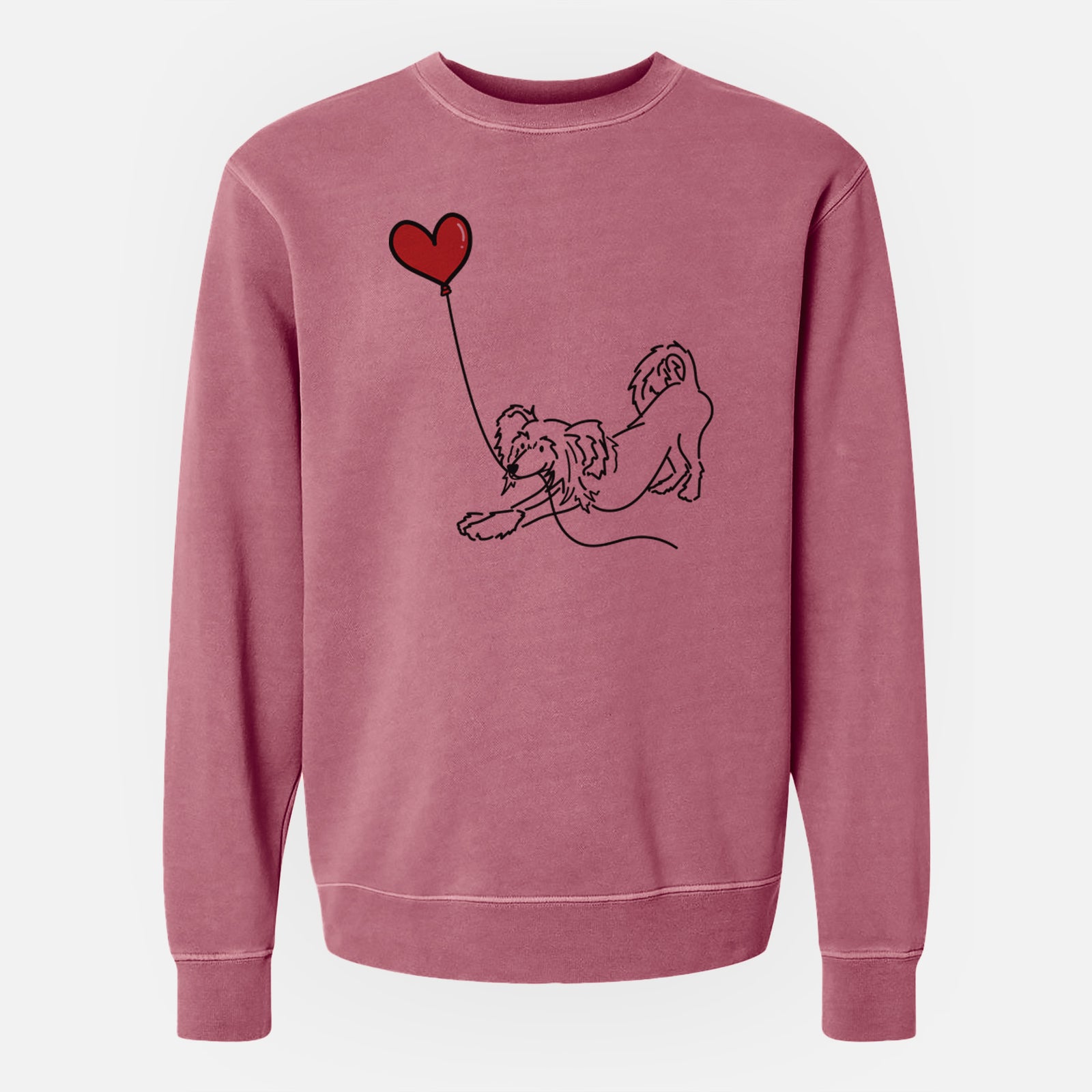 Minimalist line drawing of a Chinese Crested Heart String holding a heart balloon on a Maroon Unisex pigment dyed crew sweatshirt