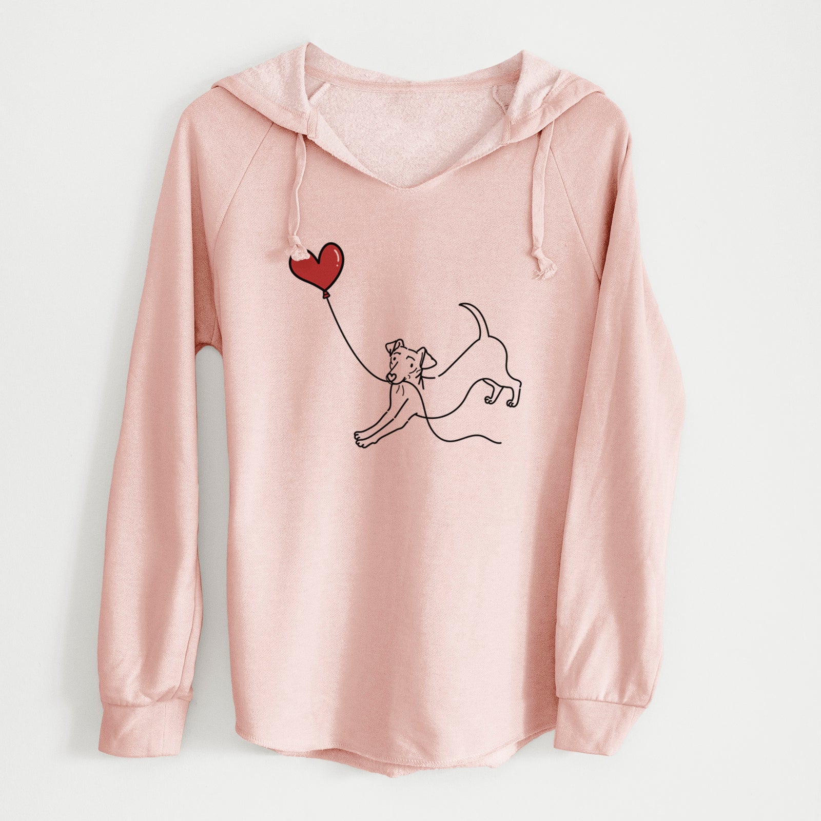 Minimalist line drawing of a Chiweenie Heart String holding a heart balloon on a Blush Cali Wave Hooded Sweatshirt