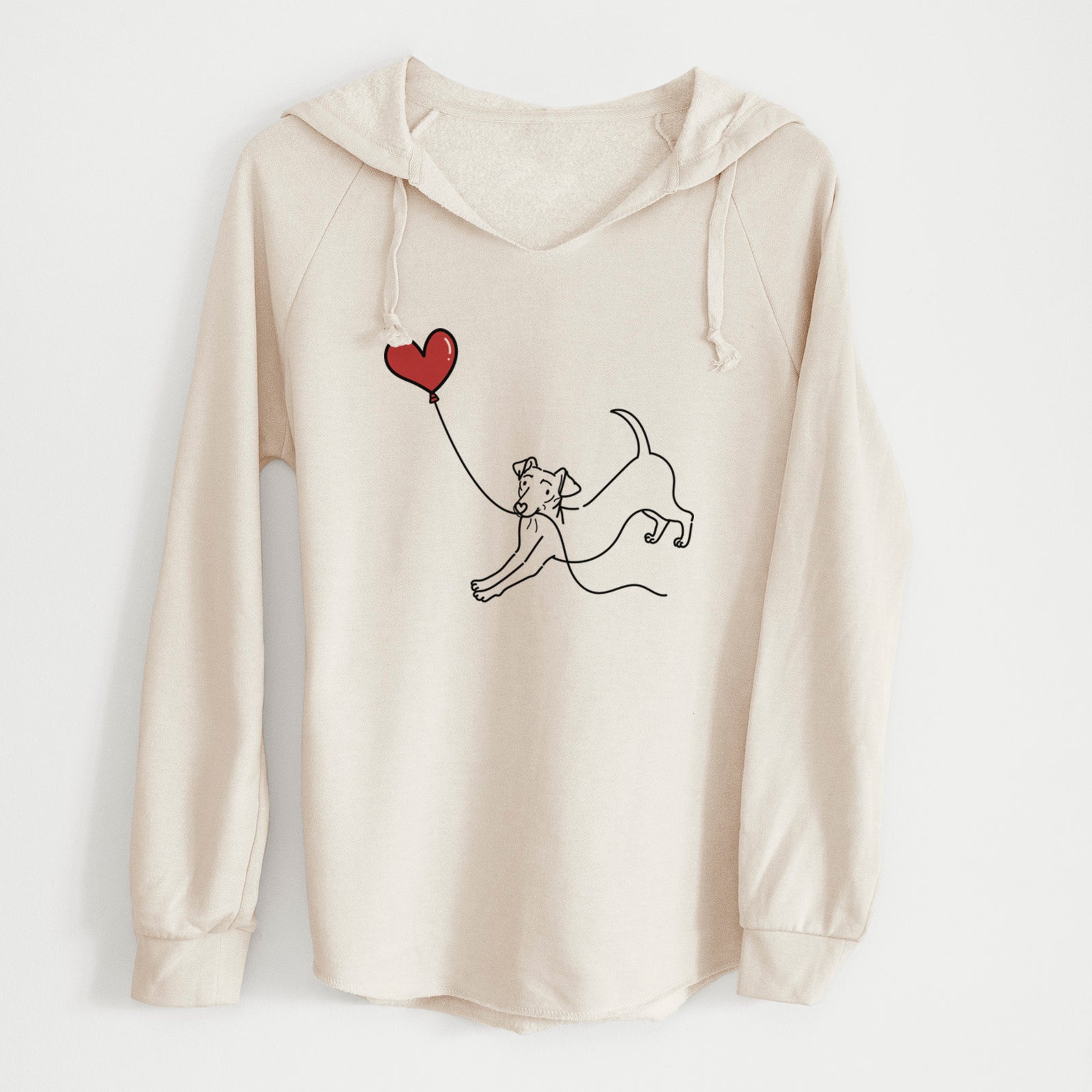 Minimalist line drawing of a Chiweenie Heart String holding a heart balloon on a Bone Cali Wave Hooded Sweatshirt