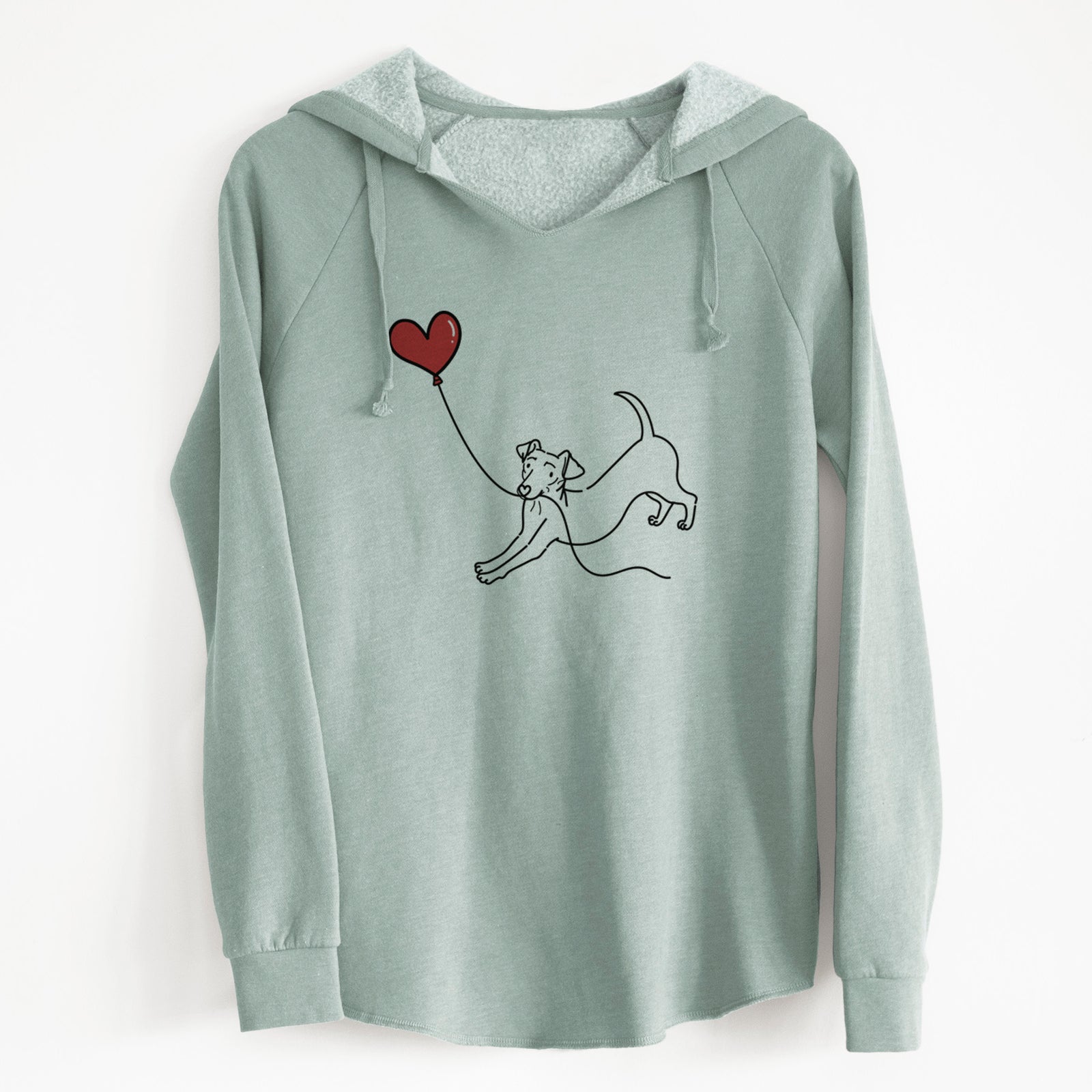 Minimalist line drawing of a Chiweenie Heart String holding a heart balloon on a Sage Cali Wave Hooded Sweatshirt