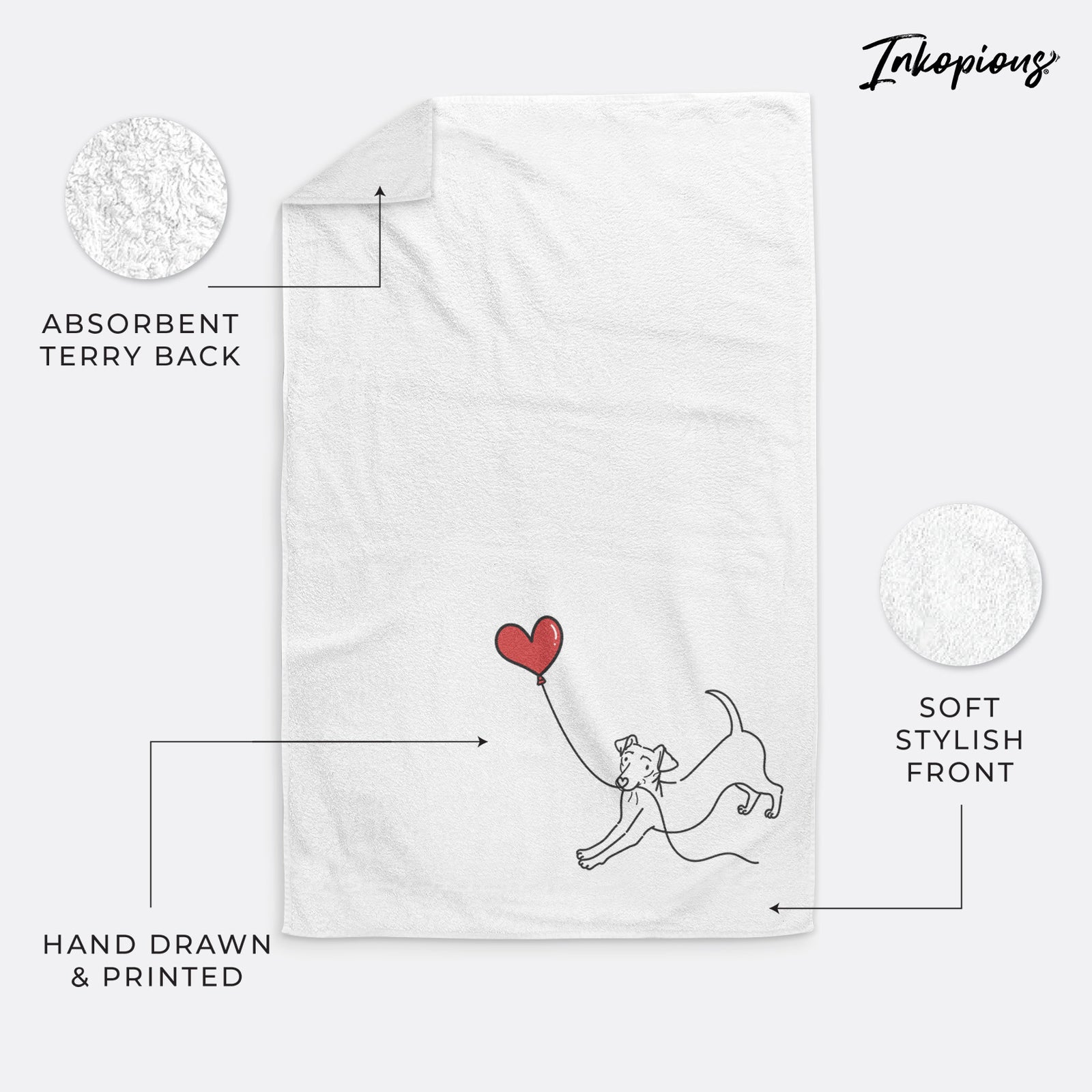 Minimalist line drawing of a Chiweenie Heart String holding a heart balloon on a decorative hand towel