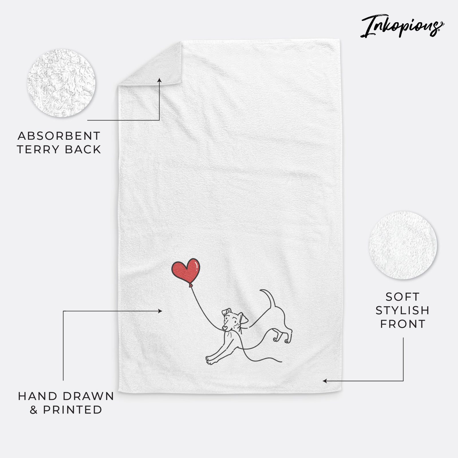 Minimalist line drawing of a Chiweenie Heart String holding a heart balloon on a decorative hand towel