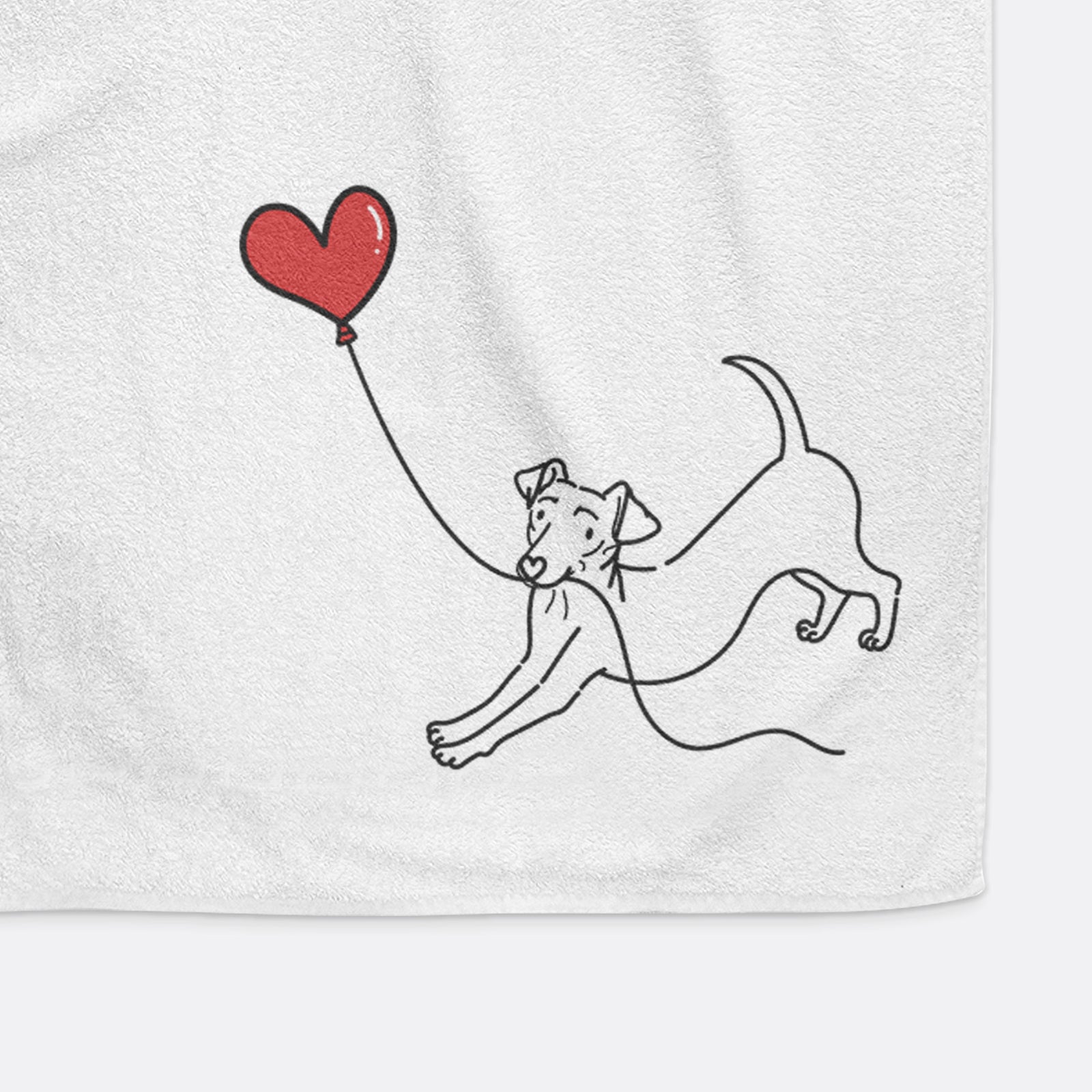Minimalist line drawing of a Chiweenie Heart String holding a heart balloon on a decorative hand towel