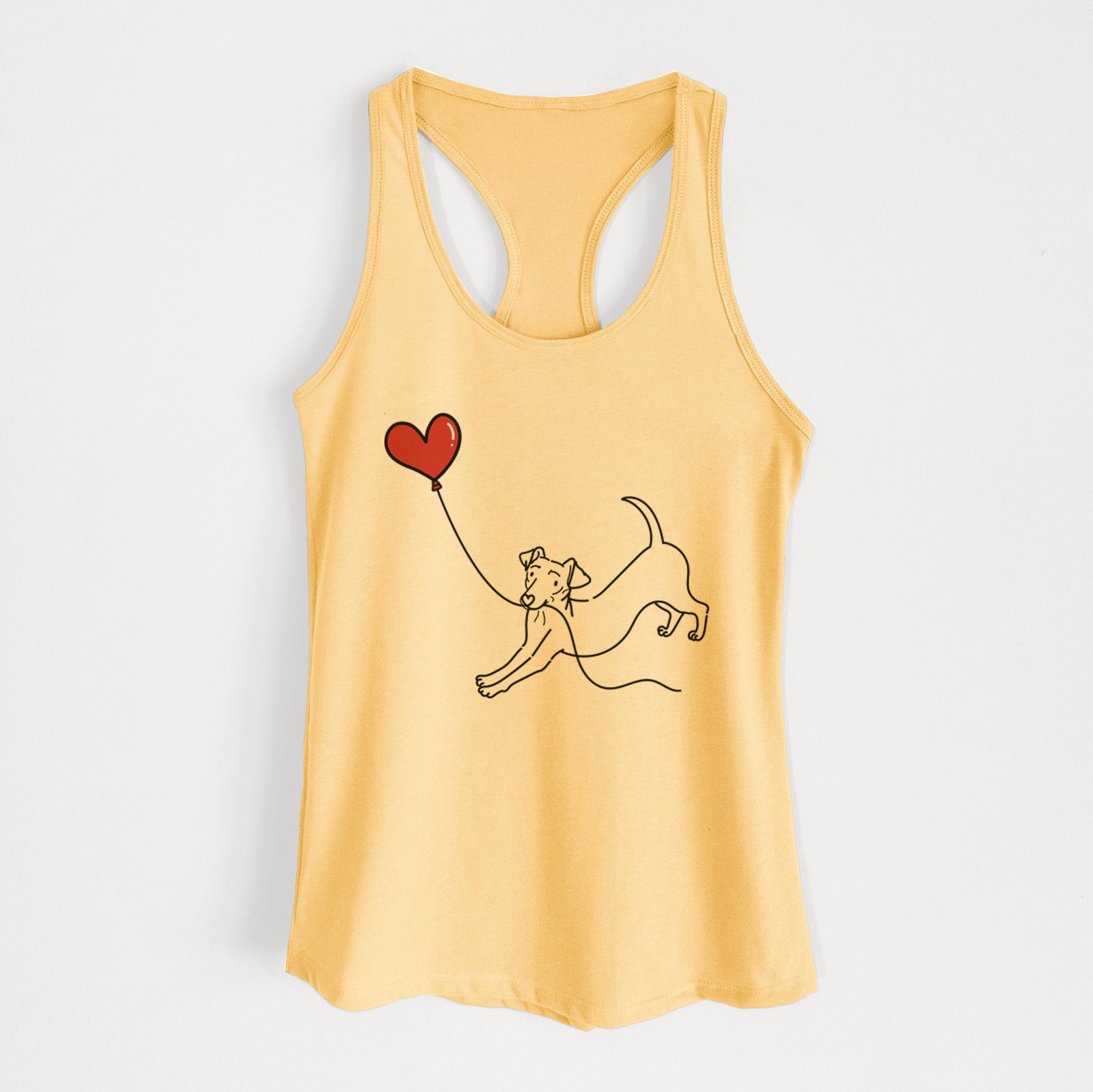 Minimalist line drawing of a Chiweenie Heart String holding a heart balloon on a Banana Cream Women's racerback tanktop