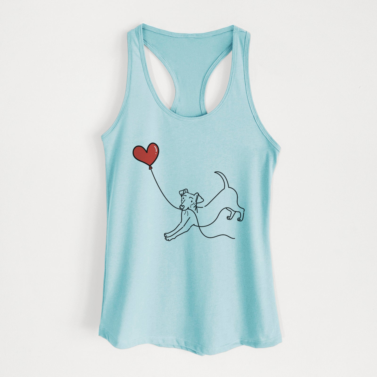Minimalist line drawing of a Chiweenie Heart String holding a heart balloon on a Cancun Blue Women's racerback tanktop