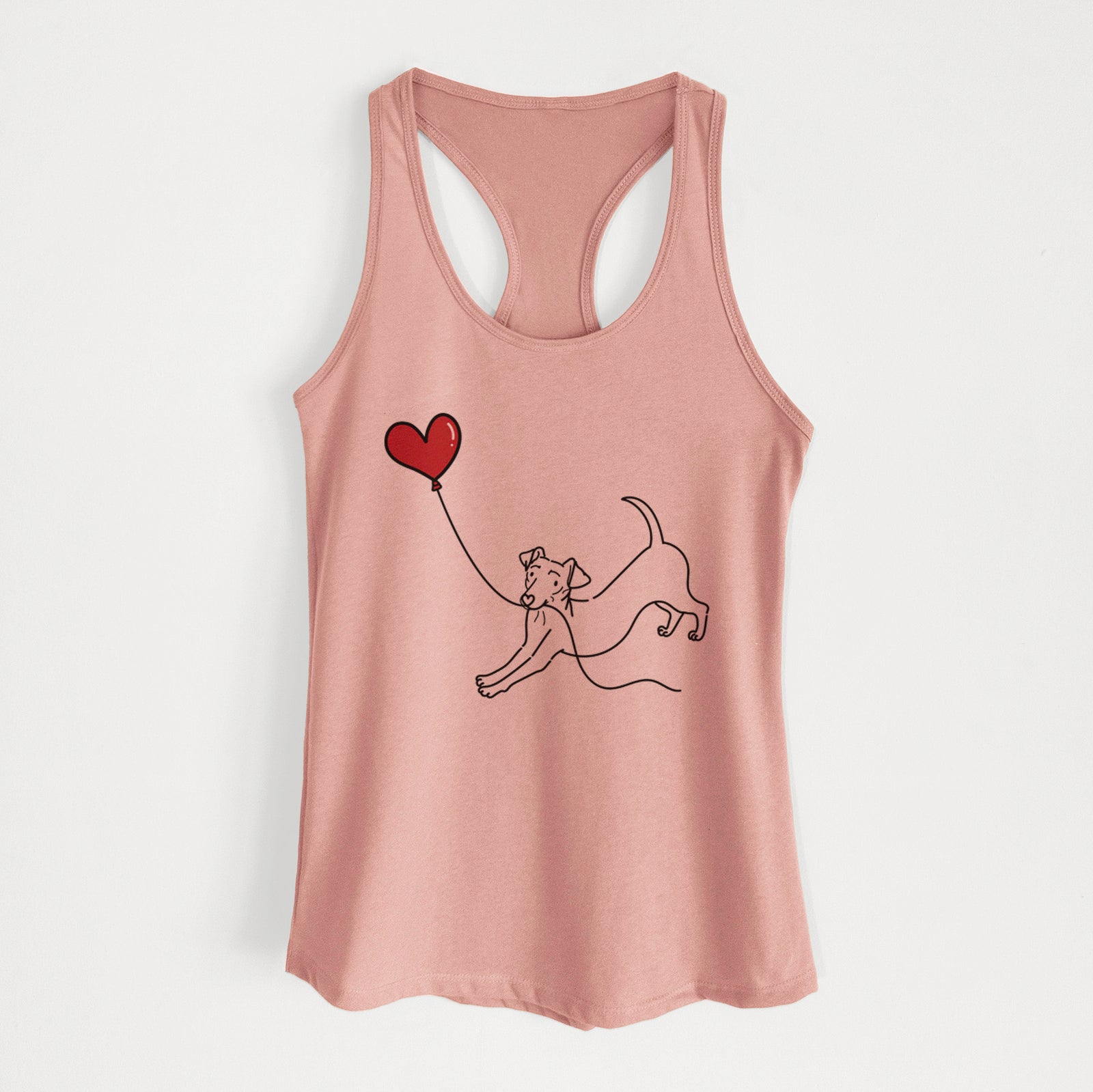 Minimalist line drawing of a Chiweenie Heart String holding a heart balloon on a Desert Pink Women's racerback tanktop