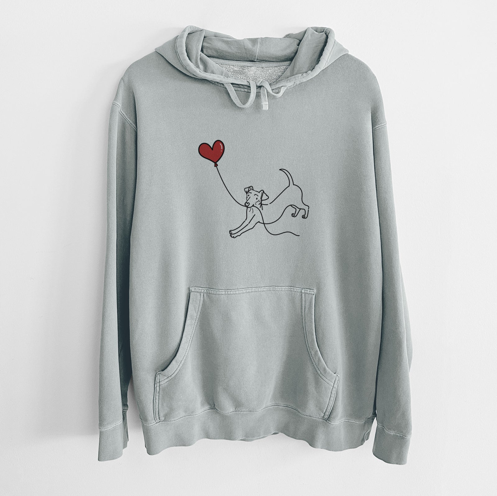 Minimalist line drawing of a Chiweenie Heart String holding a heart balloon on a Sage Unisex pigment dyed hoodie