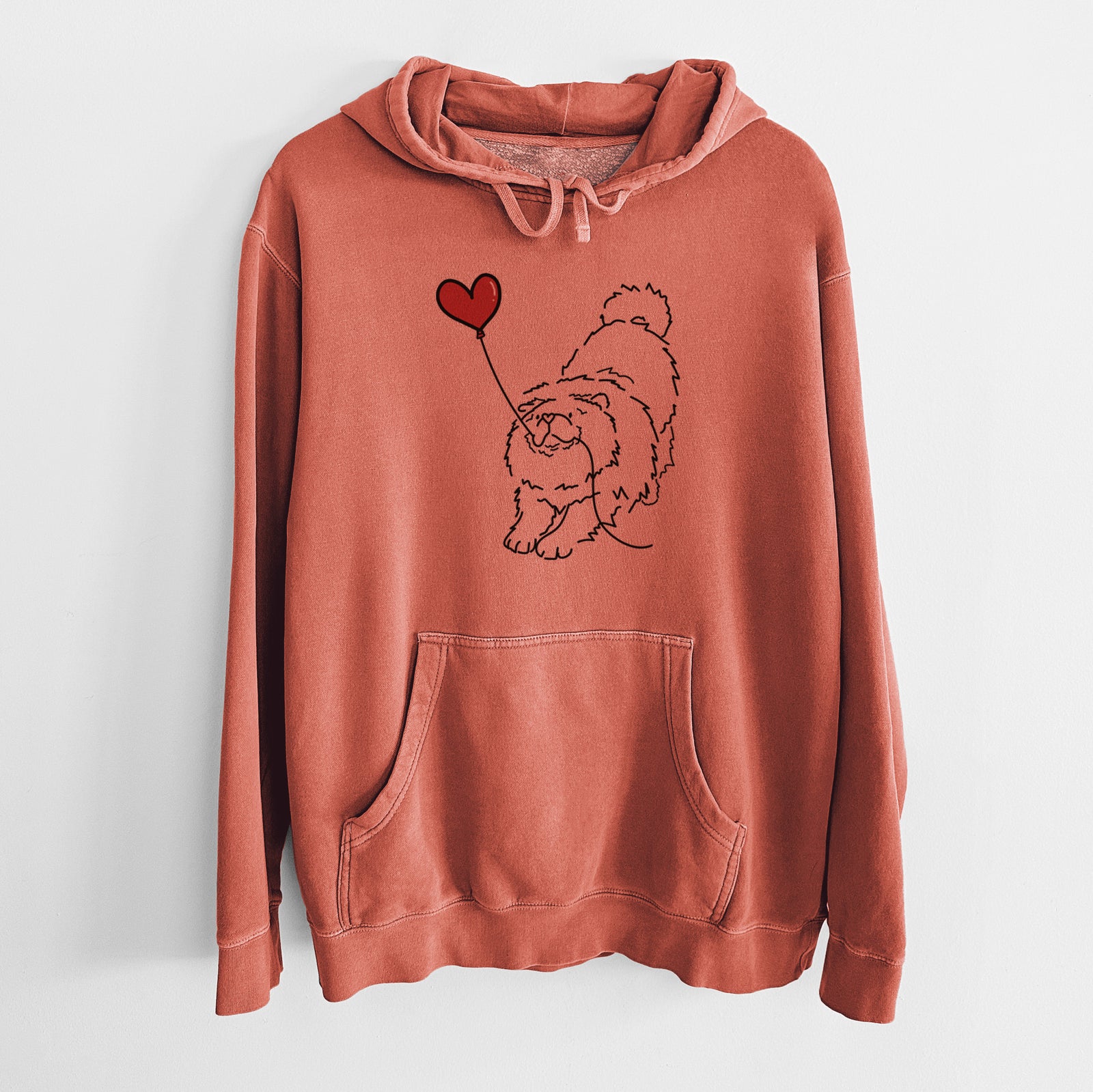Minimalist line drawing of a Chow Chow Heart String holding a heart balloon on an Amber Unisex pigment dyed hoodie