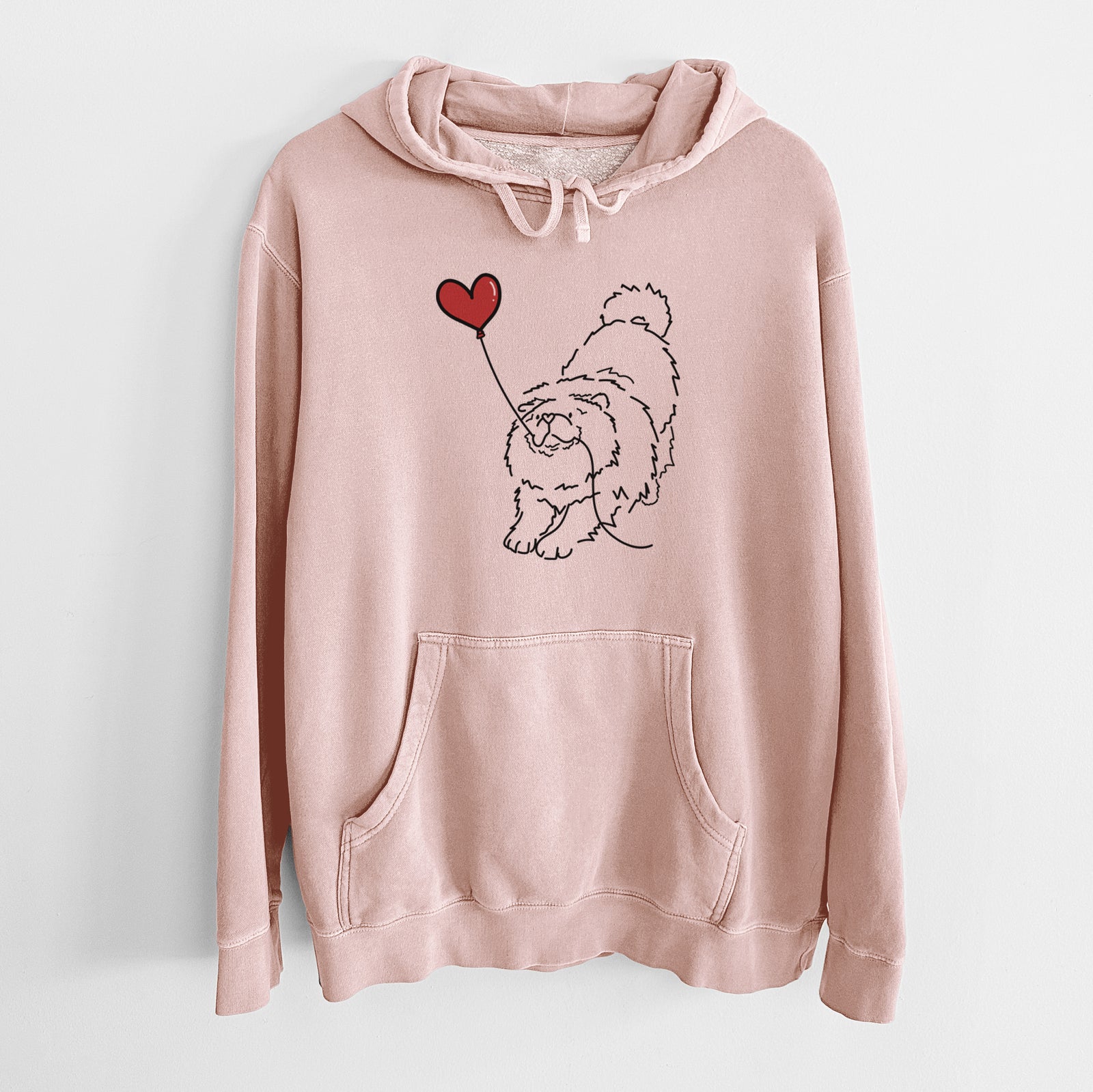 Minimalist line drawing of a Chow Chow Heart String holding a heart balloon on a Dusty Pink Unisex pigment dyed hoodie