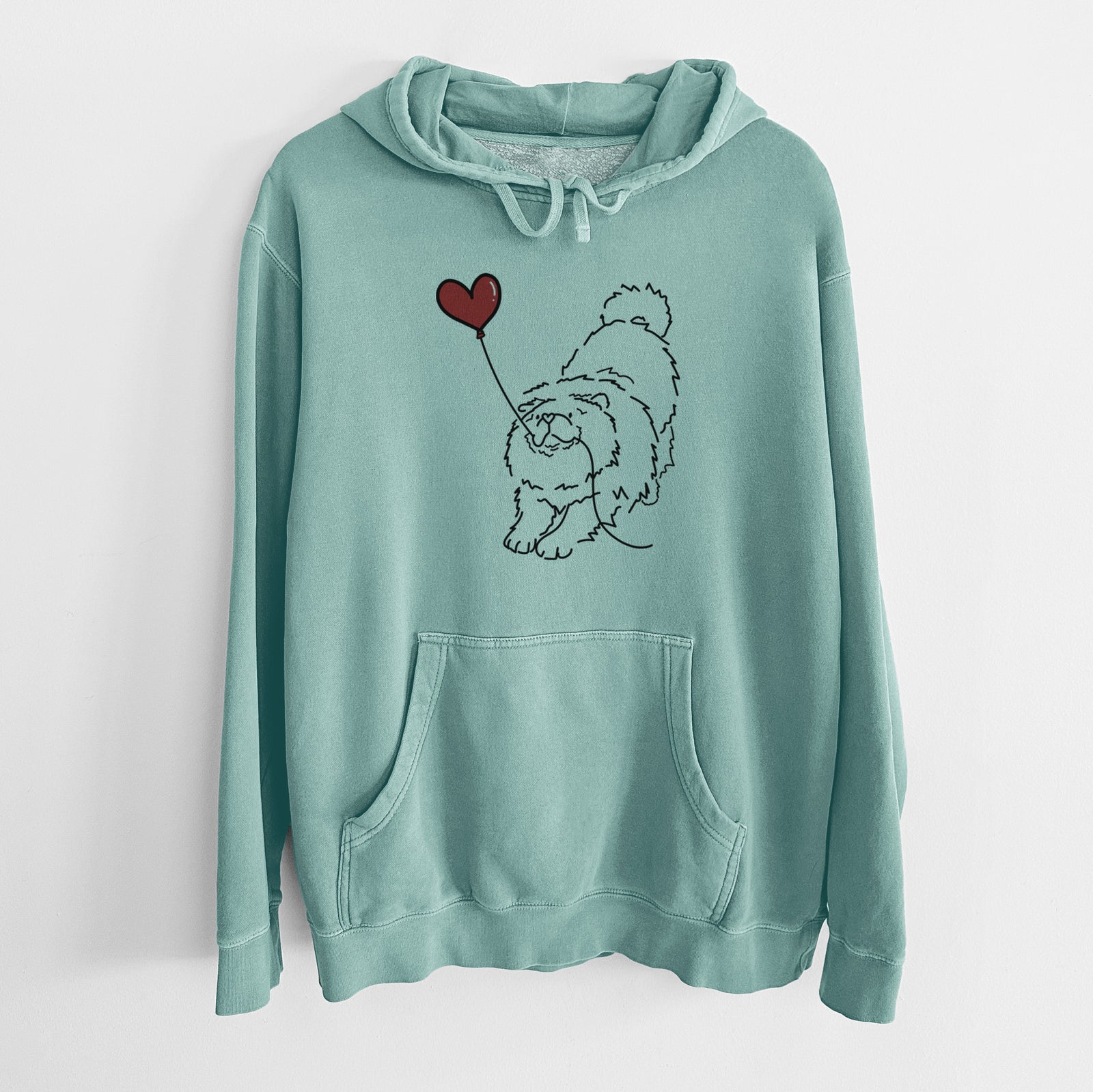 Minimalist line drawing of a Chow Chow Heart String holding a heart balloon on a Mint Unisex pigment dyed hoodie