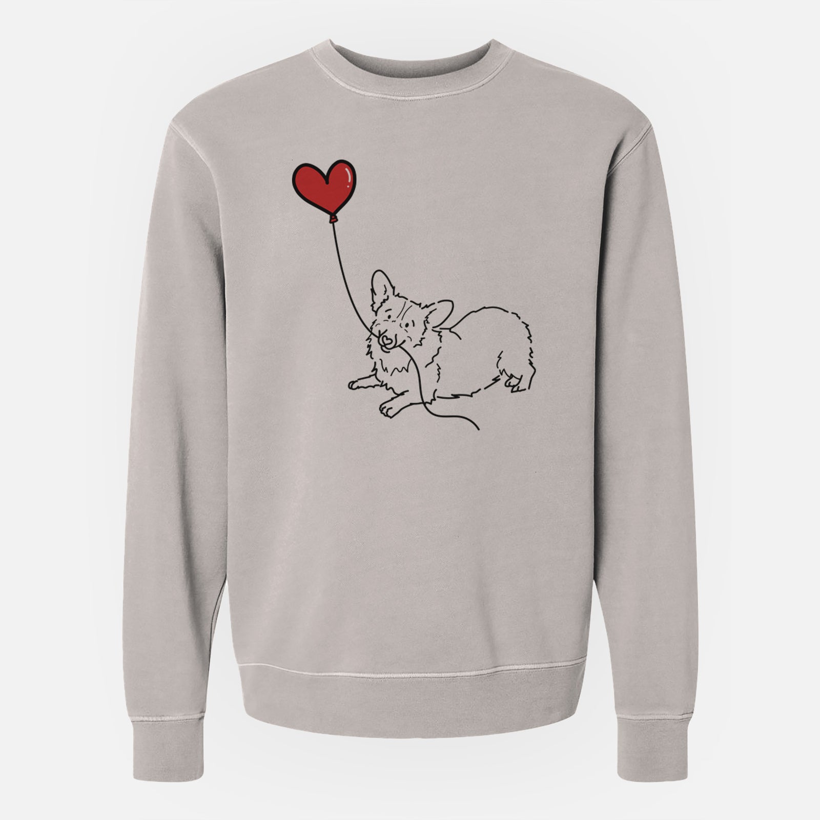 Minimalist line drawing of a Corgi Heart String holding a heart balloon on a Cement Unisex pigment dyed crew sweatshirt