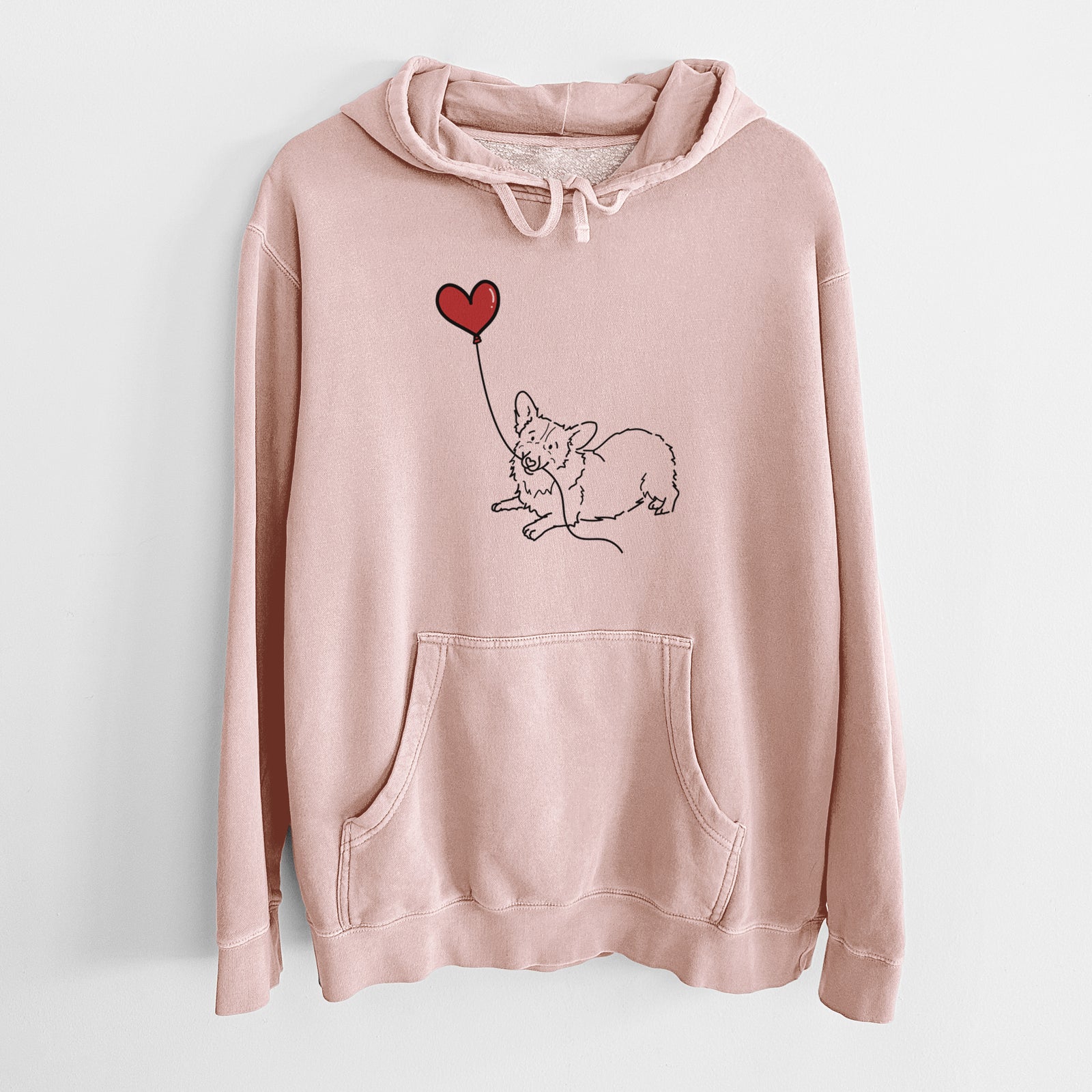 Minimalist line drawing of a Corgi Heart String holding a heart balloon on a Dusty Pink Unisex pigment dyed hoodie