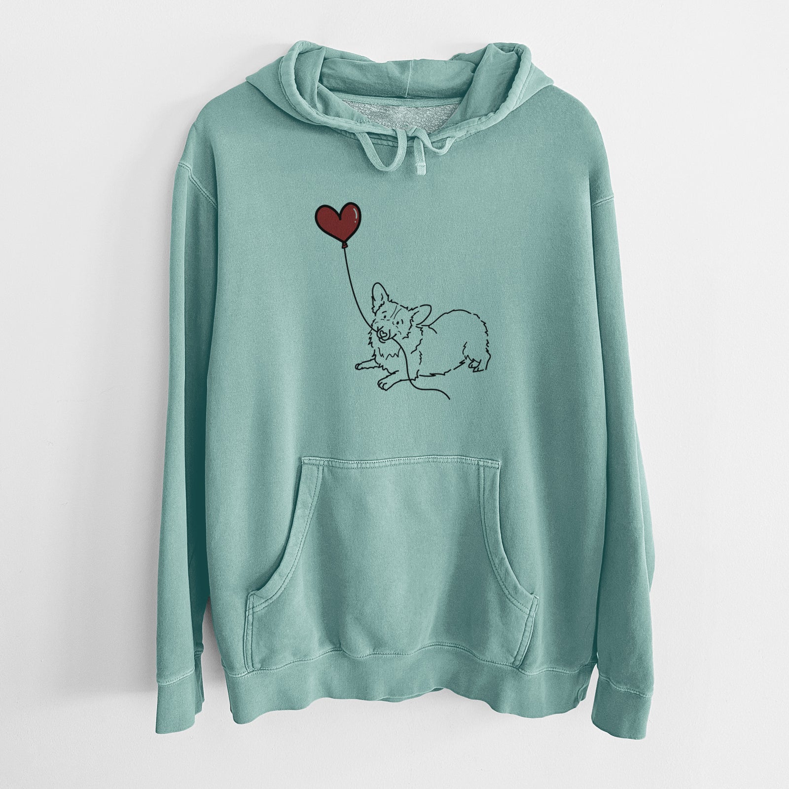Minimalist line drawing of a Corgi Heart String holding a heart balloon on a Mint Unisex pigment dyed hoodie